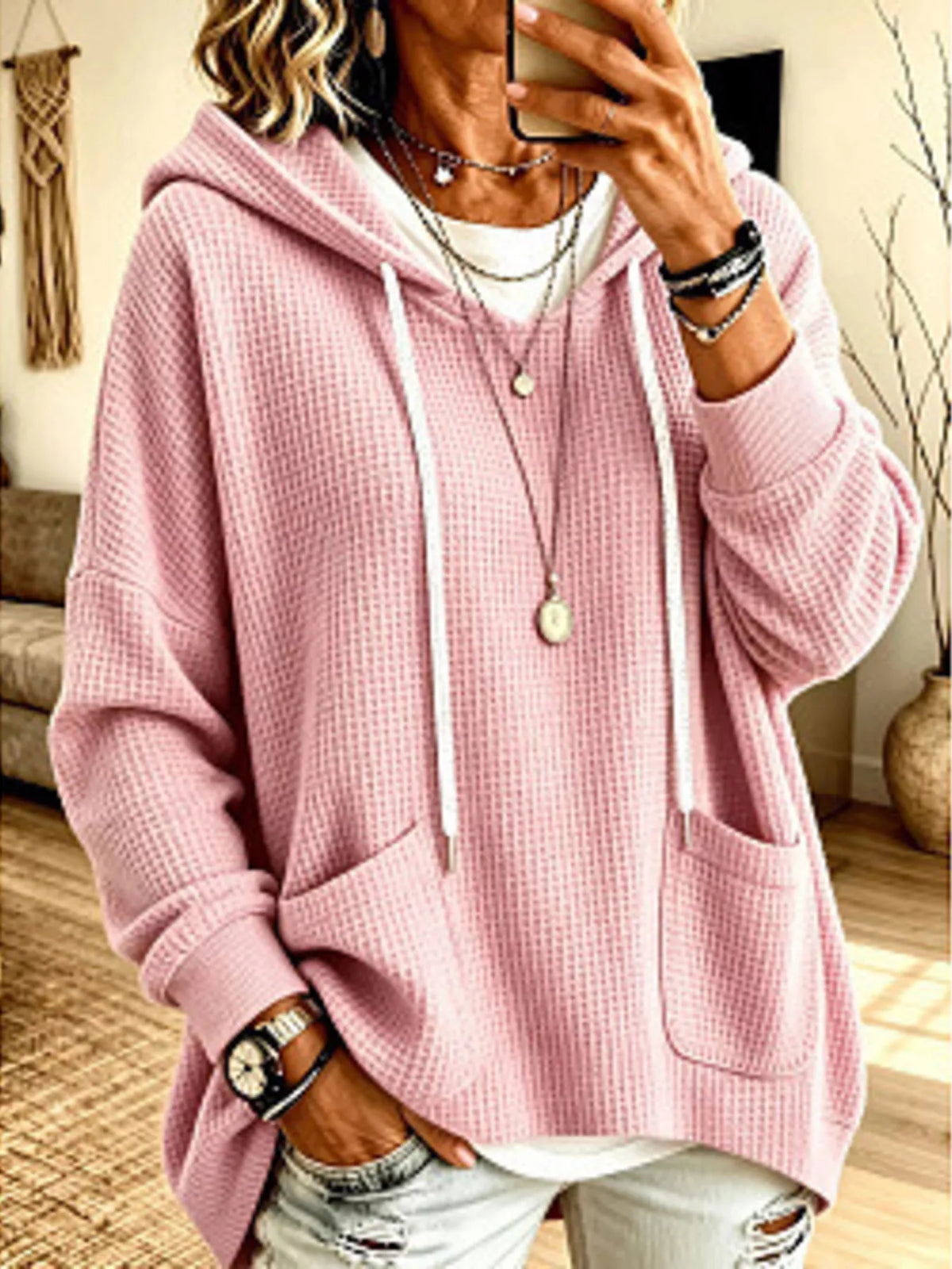 Full Size Waffle Knit Drawstring Long Sleeve Hoodie Plus Size