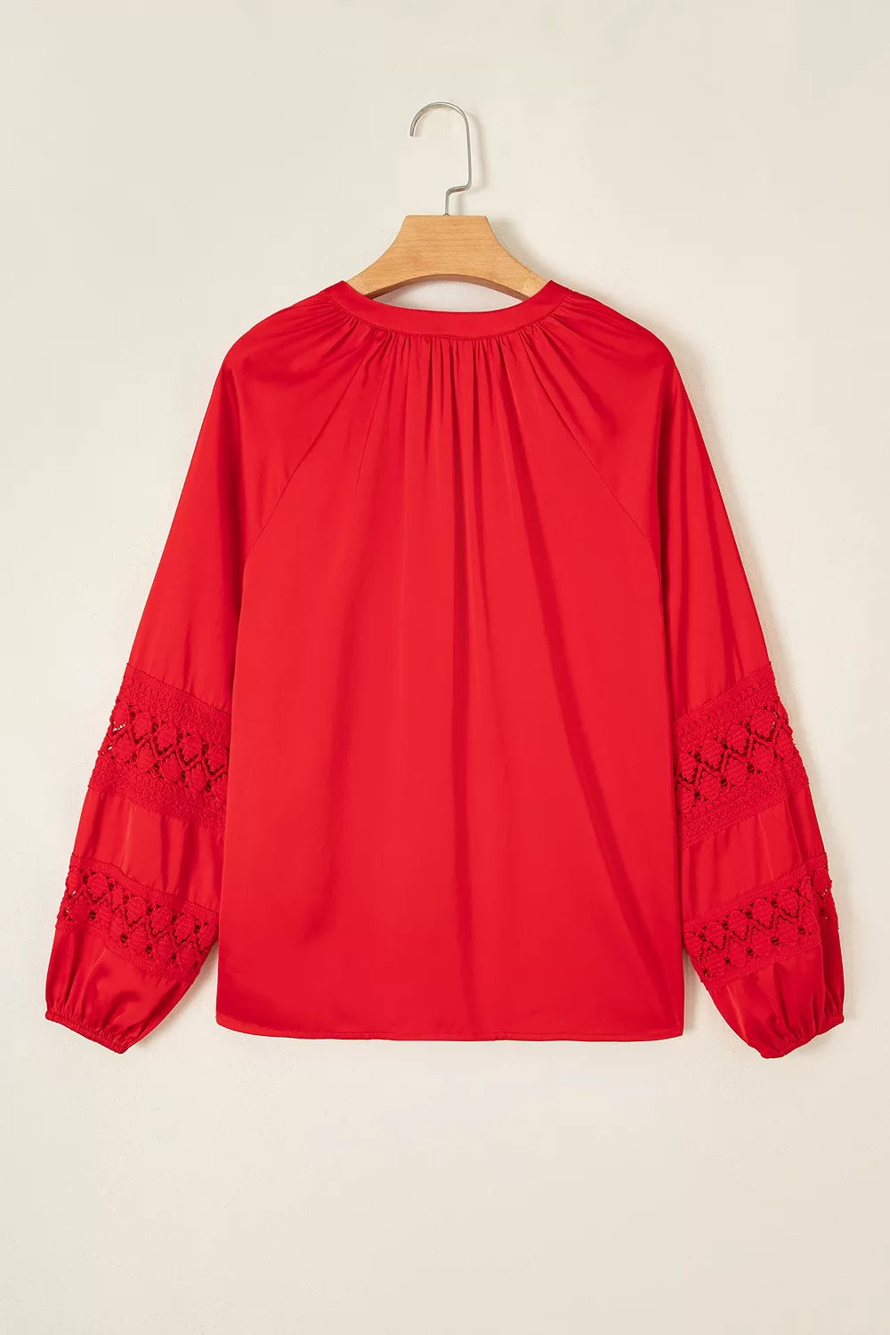 Christmas Patchwork Lace Long Sleeve V Neck Button Front Shirt in Scarlet, view 5