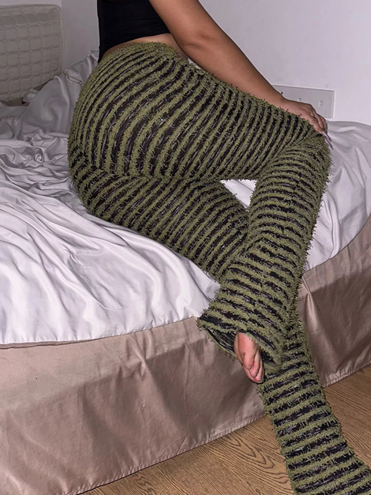 Striped Fuzzy Textured Knit Pants in Army Green