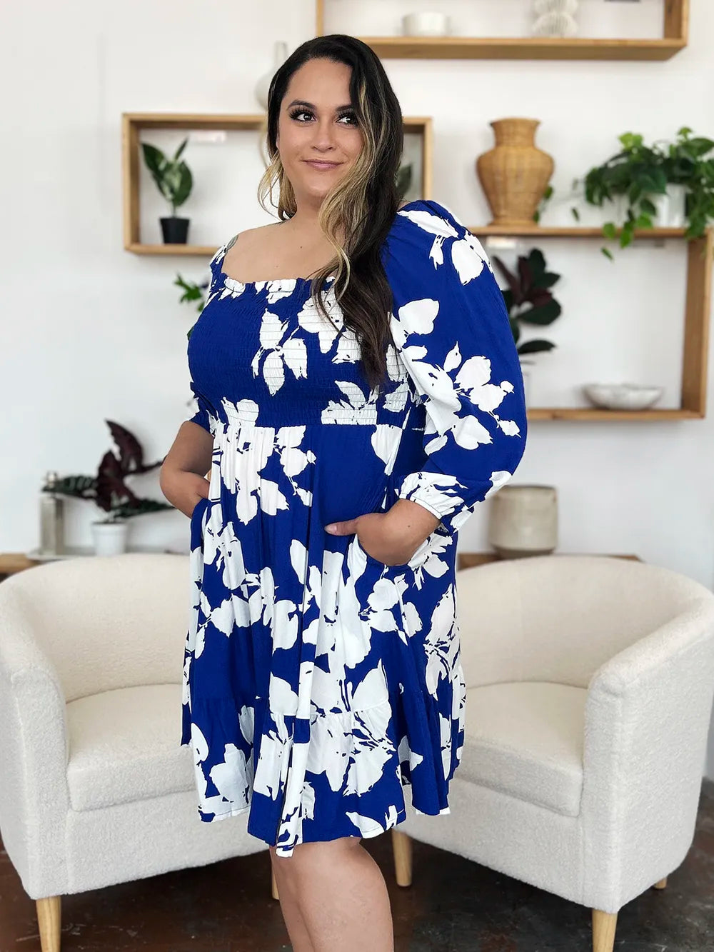Double Take Full Size Floral Ruffle Hem Smocked Dress with Pockets - Lilixa.store