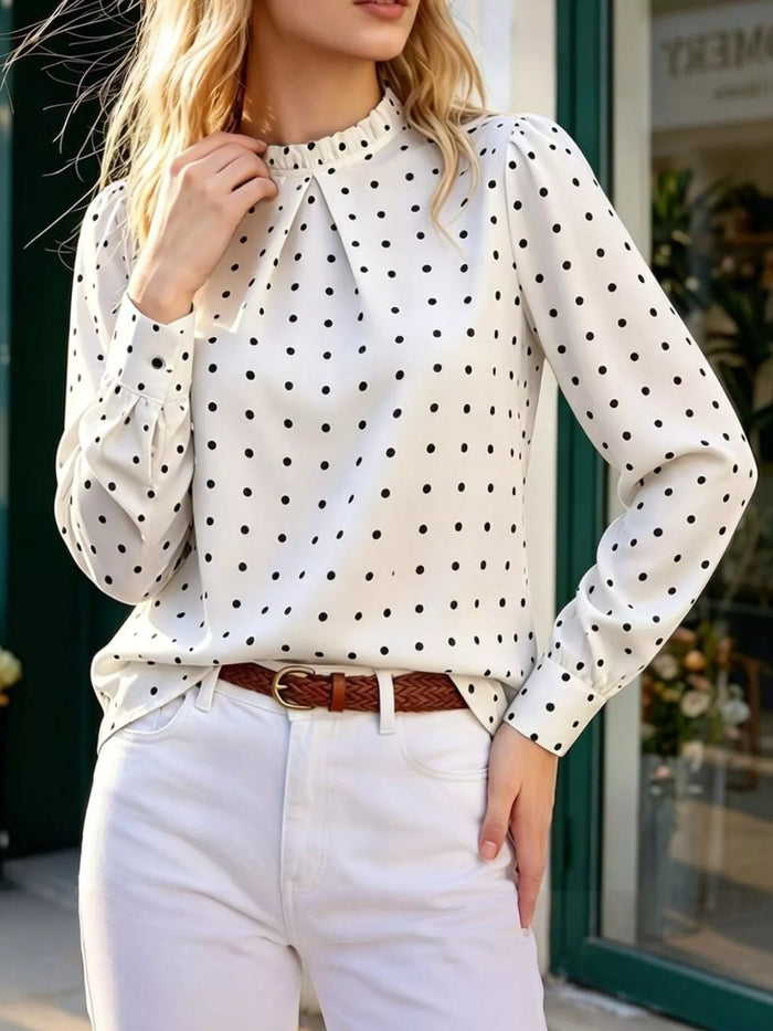 Elegant Polka Dot Print Mock Neck Long Sleeve Blouse in White