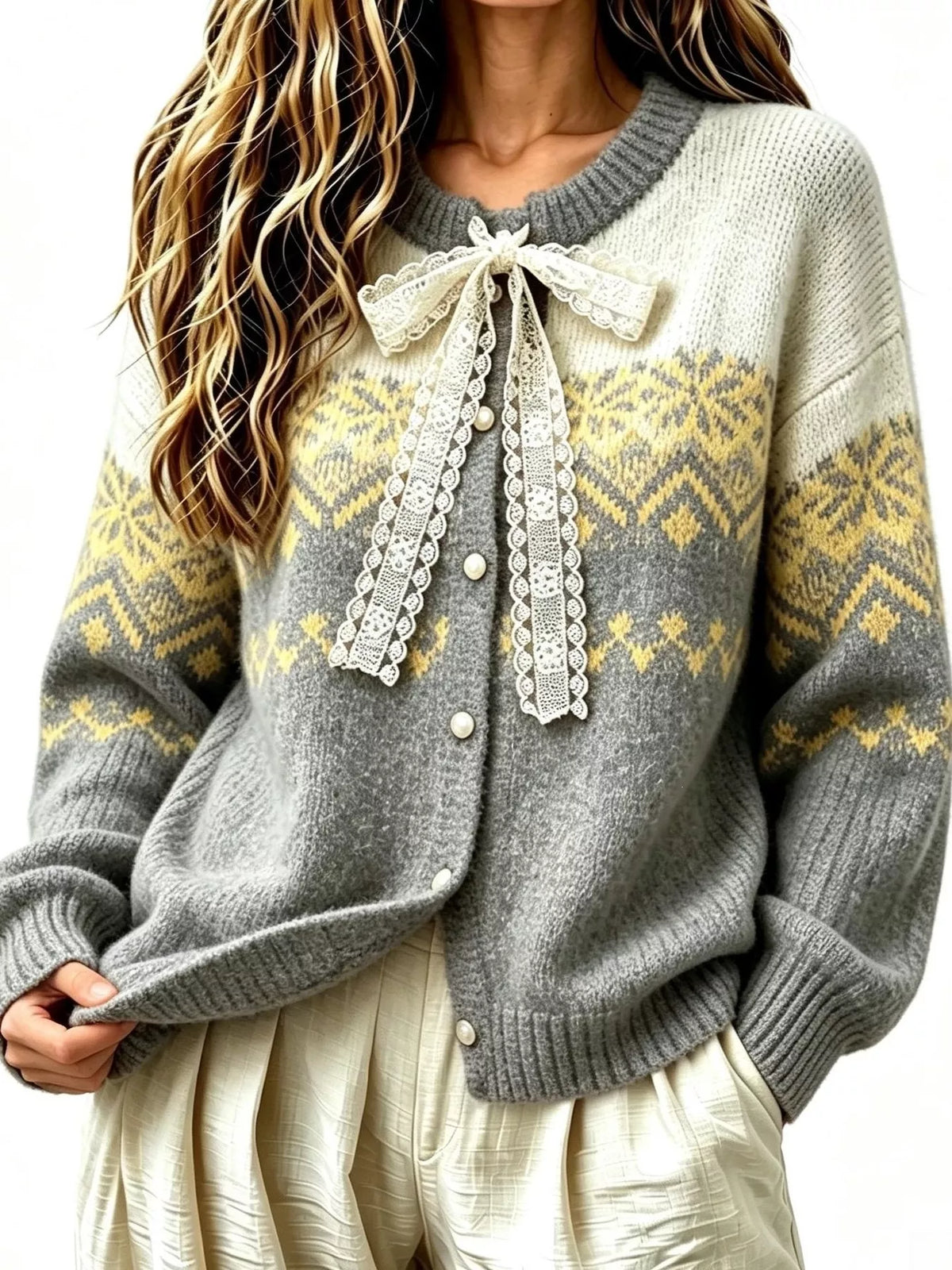 Full Size Lace Tie Button Up Cardigan Plus Size in Gray