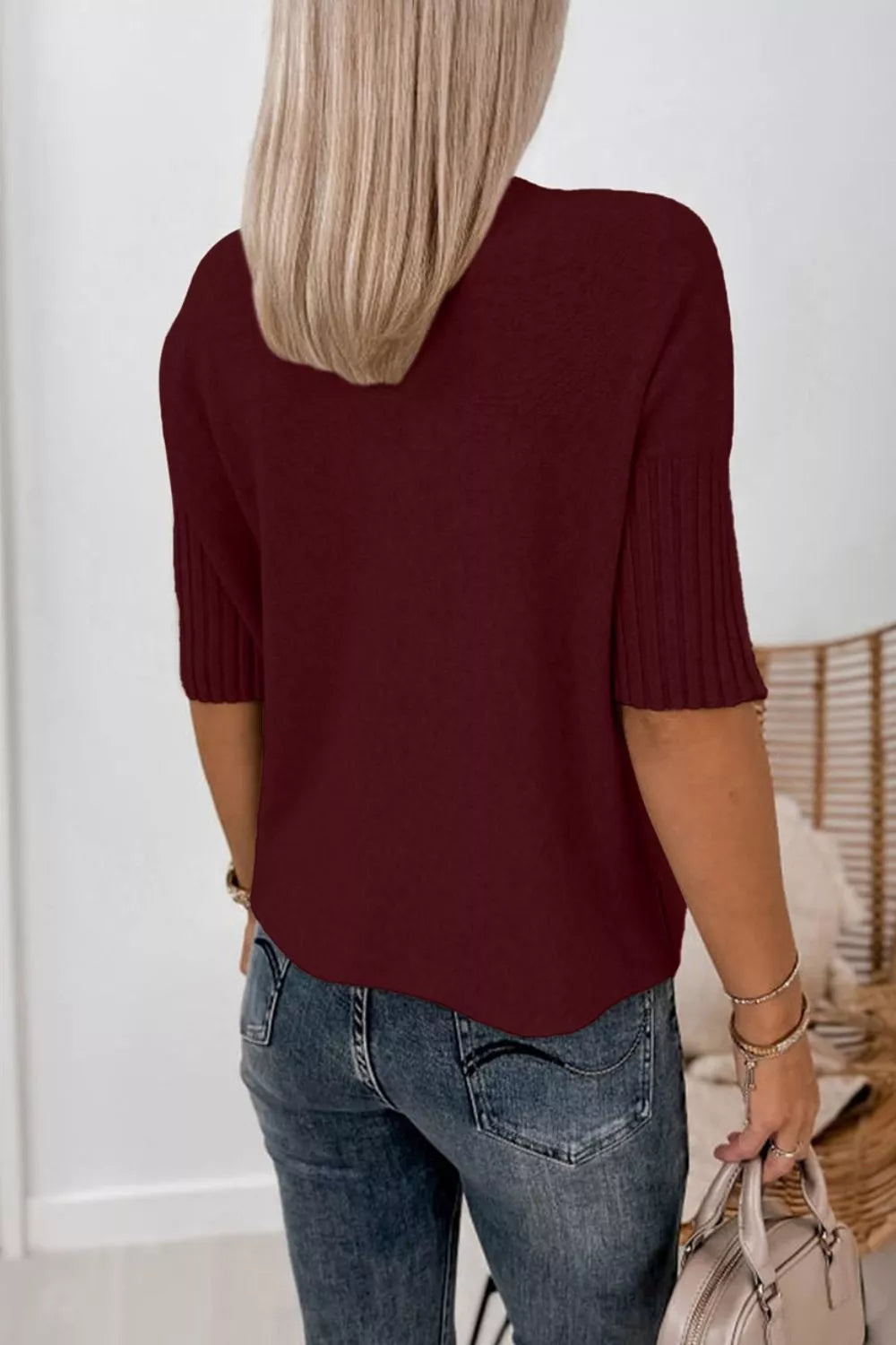 Mock Neck Half Sleeve Ribbed Sweater