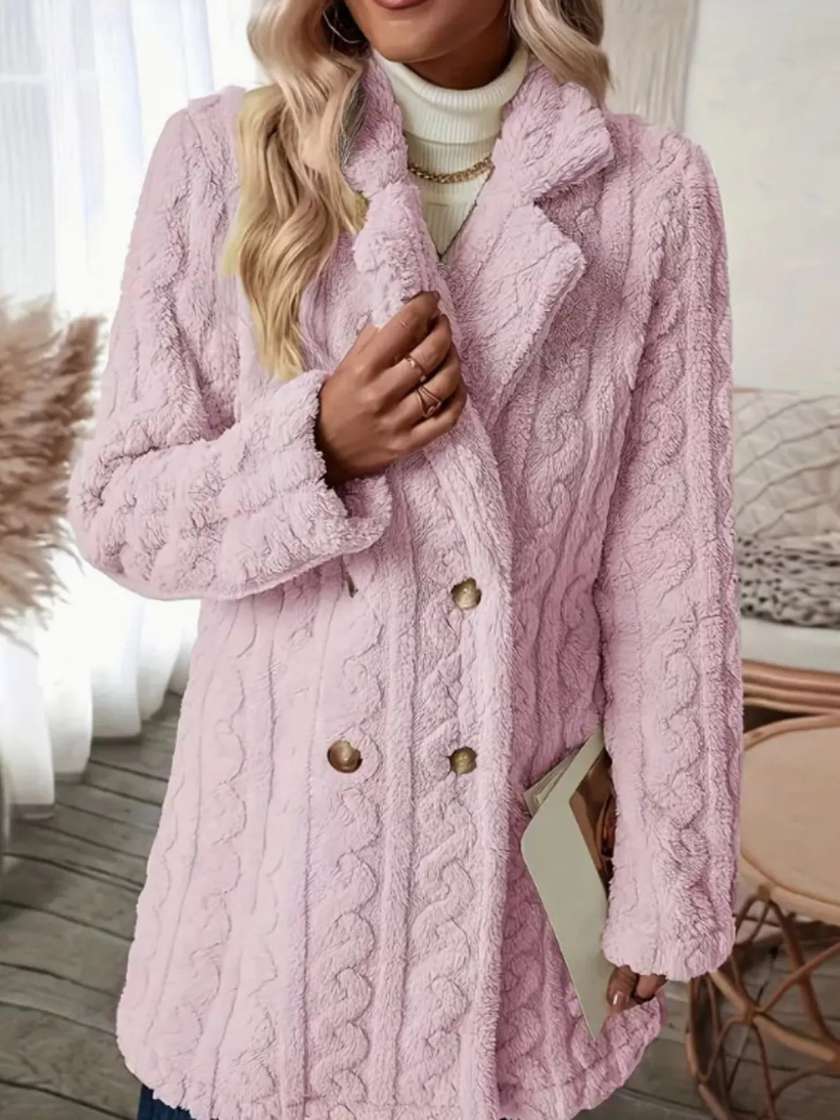 Cozy Faux Shearling Double-Breasted Outerwear, view 9