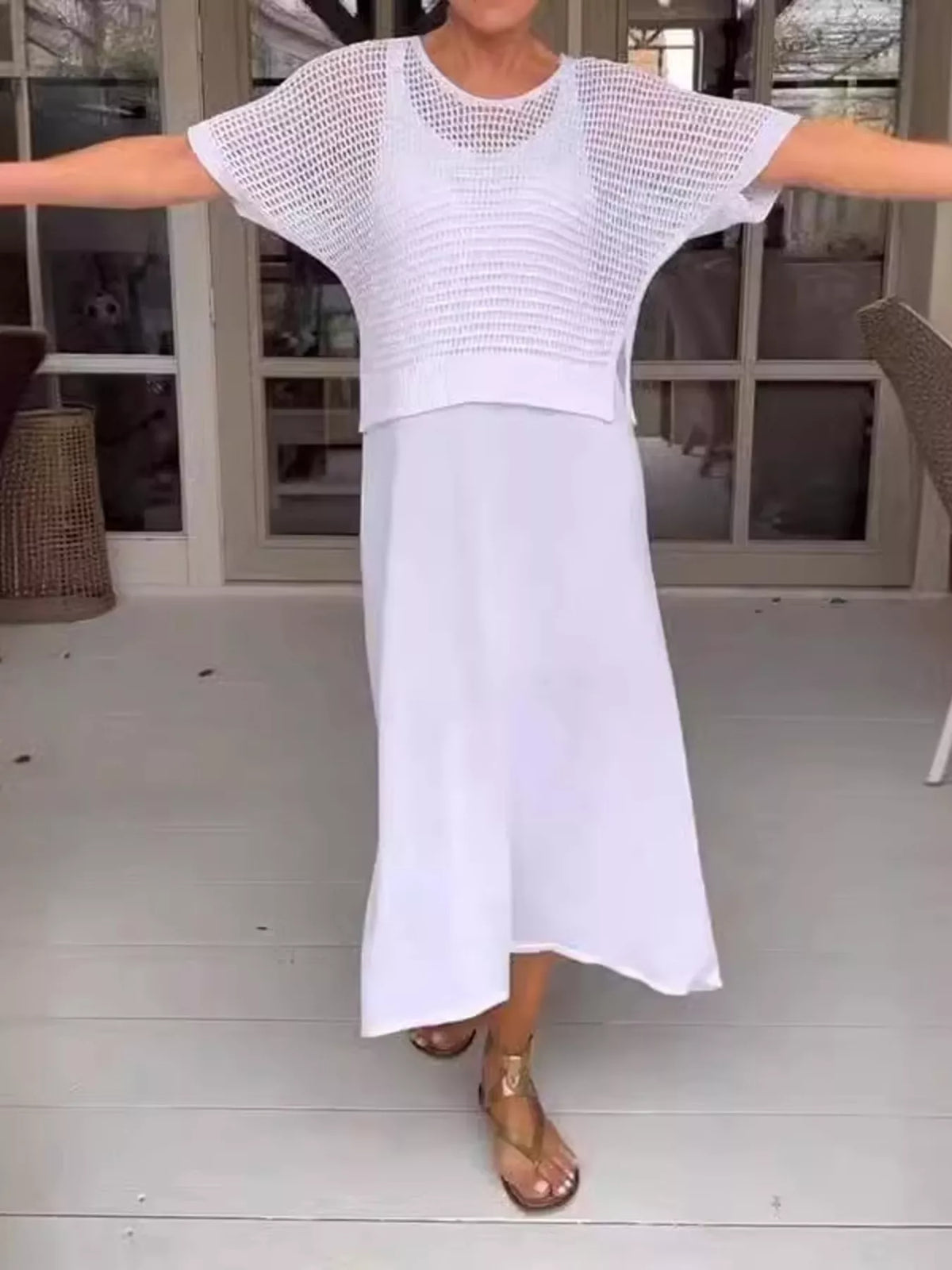Full Size Openwork Knit Cover Up and Dress Set Plus Size in White