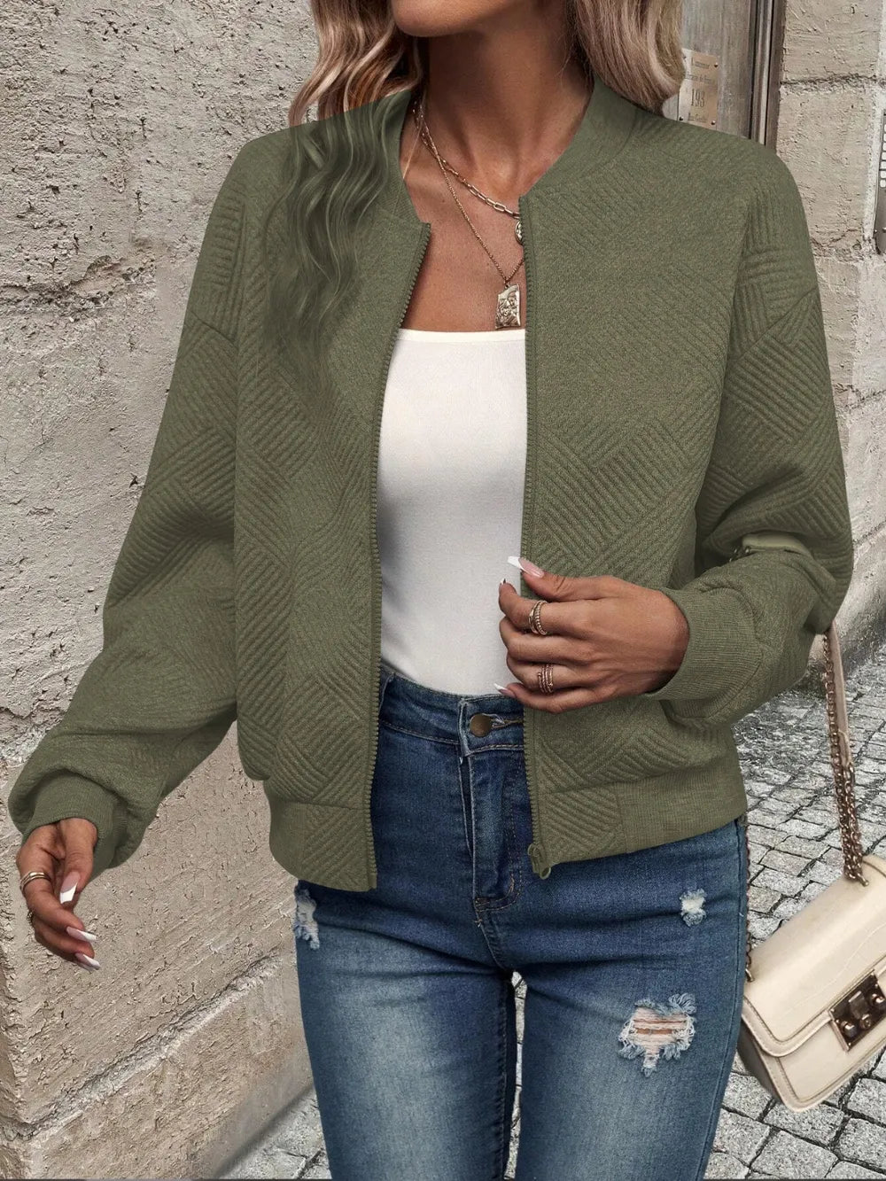 Textured Zip Up Long Sleeve Jacket, view 20