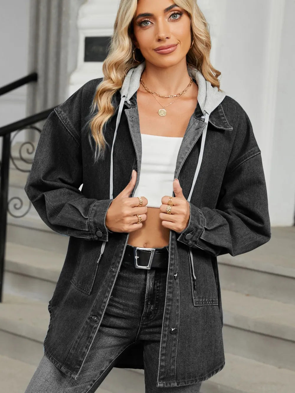 Removable Hood Button Up Long Sleeve Denim Jacket in Black, view 6