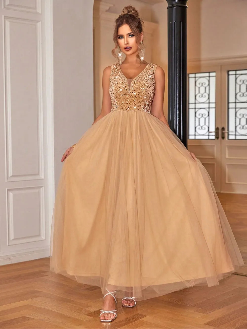 Sequin V-Neck Sleeveless Dress - Lilixa.store