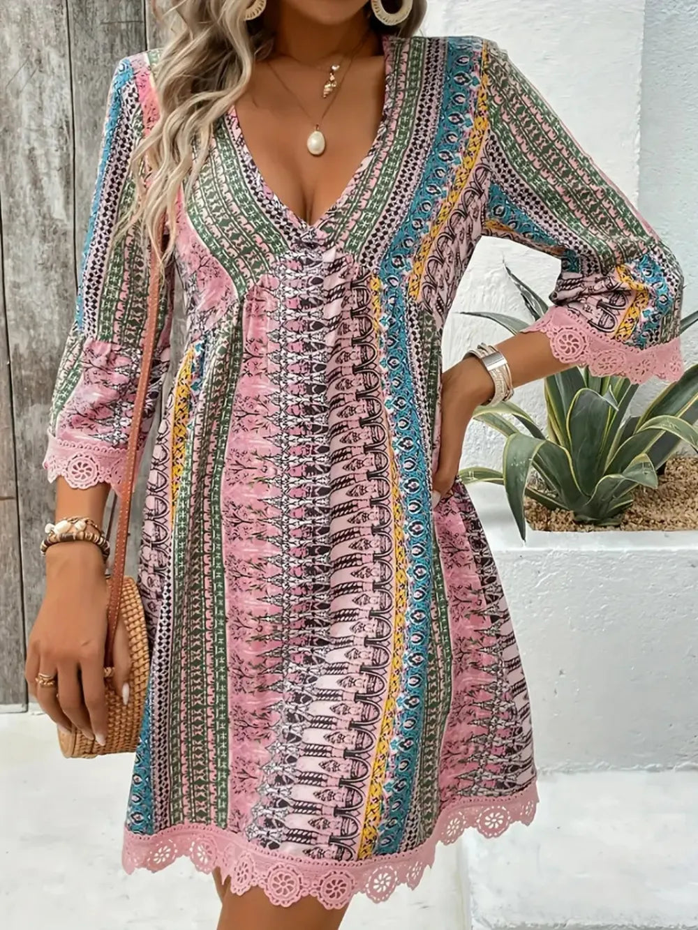 Lace Trim Printed V-Neck 3/4 Sleeve Dress - Lilixa.store