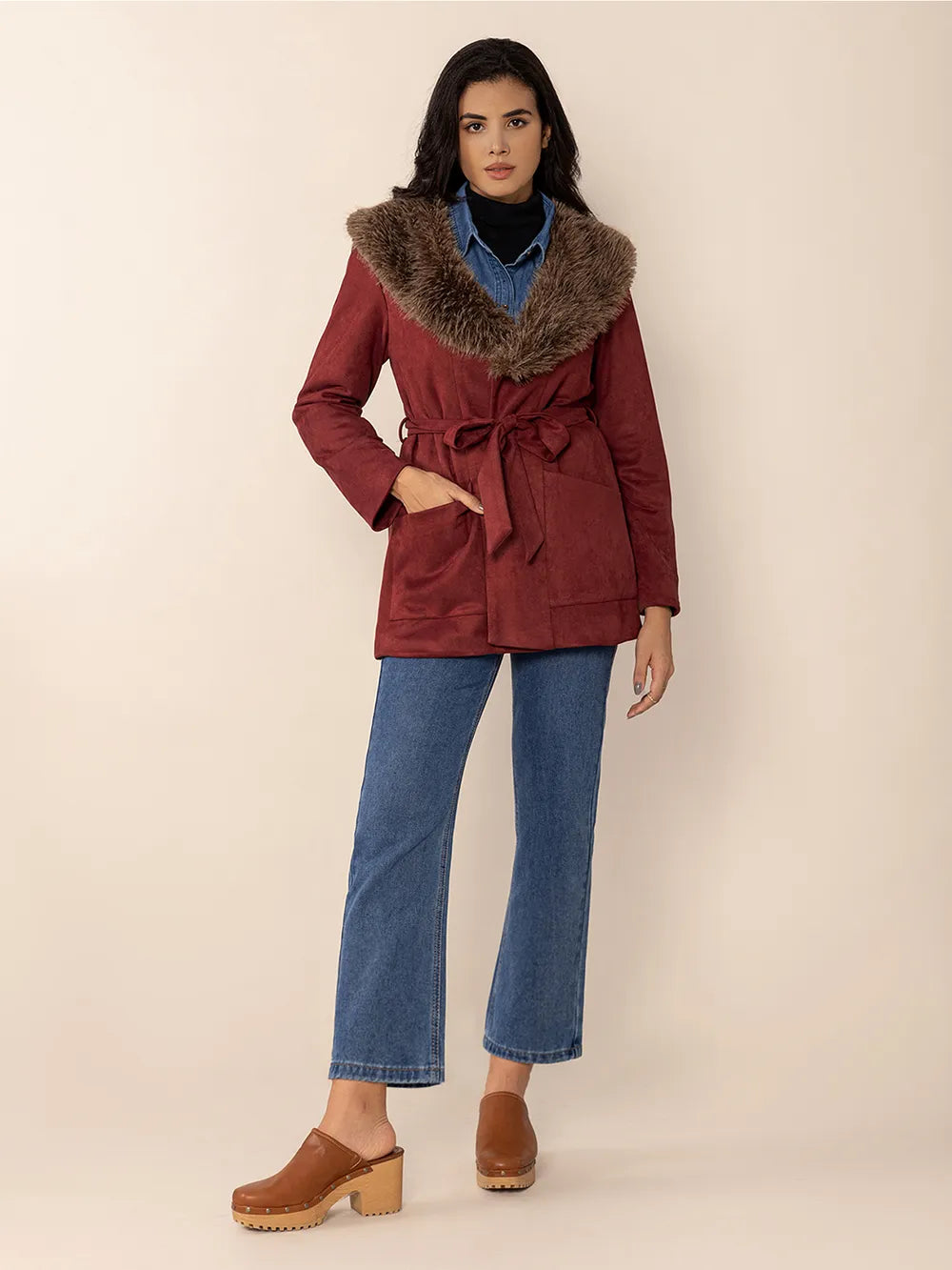 Fuzzy Collared Neck Tie Waist Jacket in Burgundy, view 9