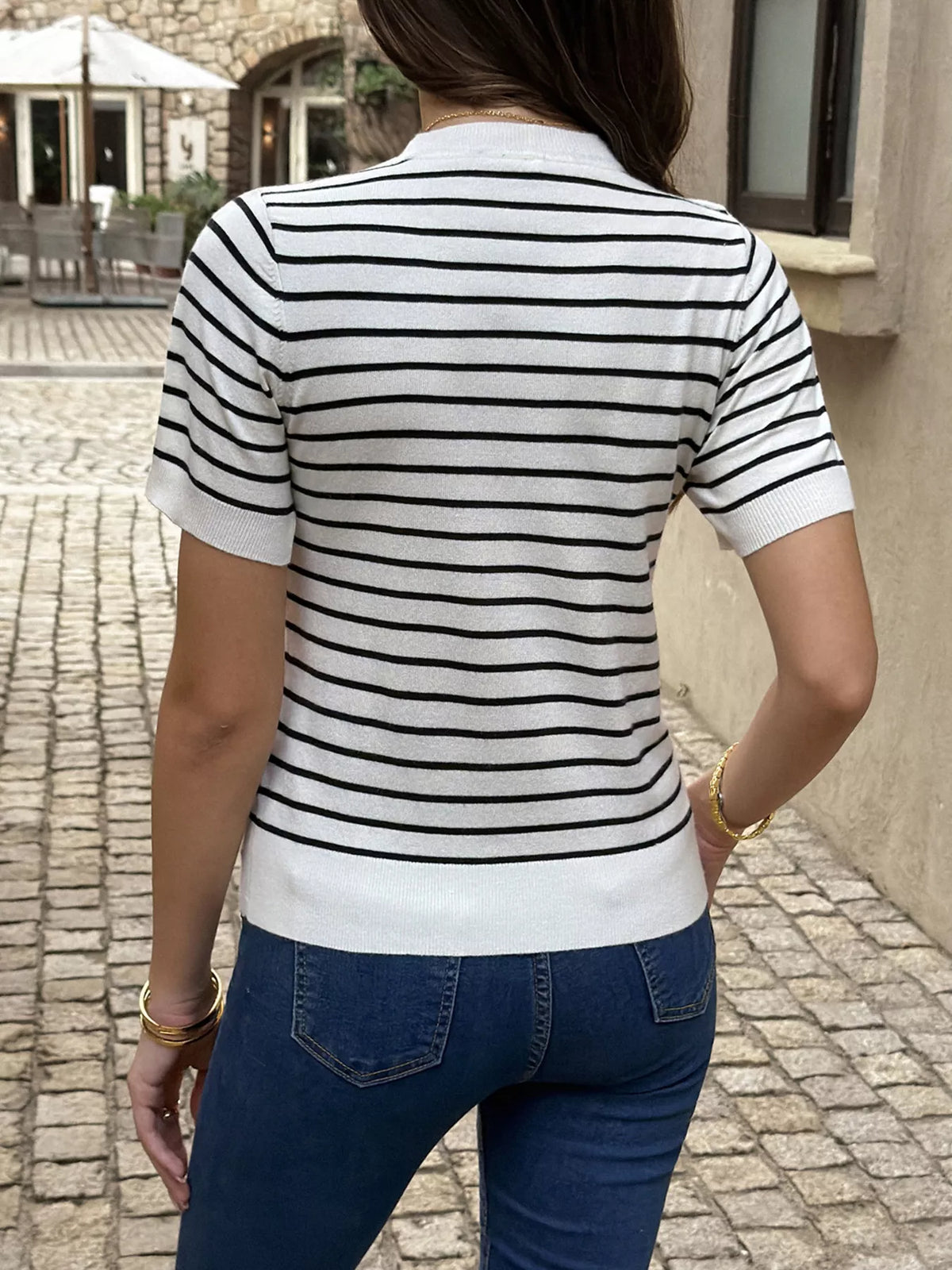 Striped Short-Sleeve Knit Top - Lilixa.store