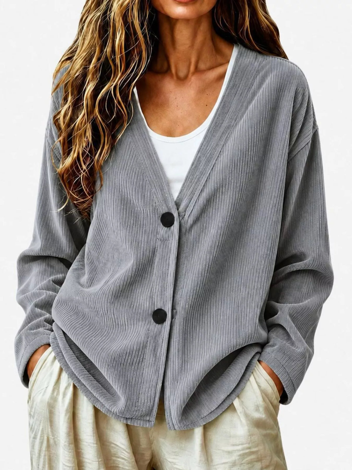 Casual Corduroy Button-Up Cardigan in Gray