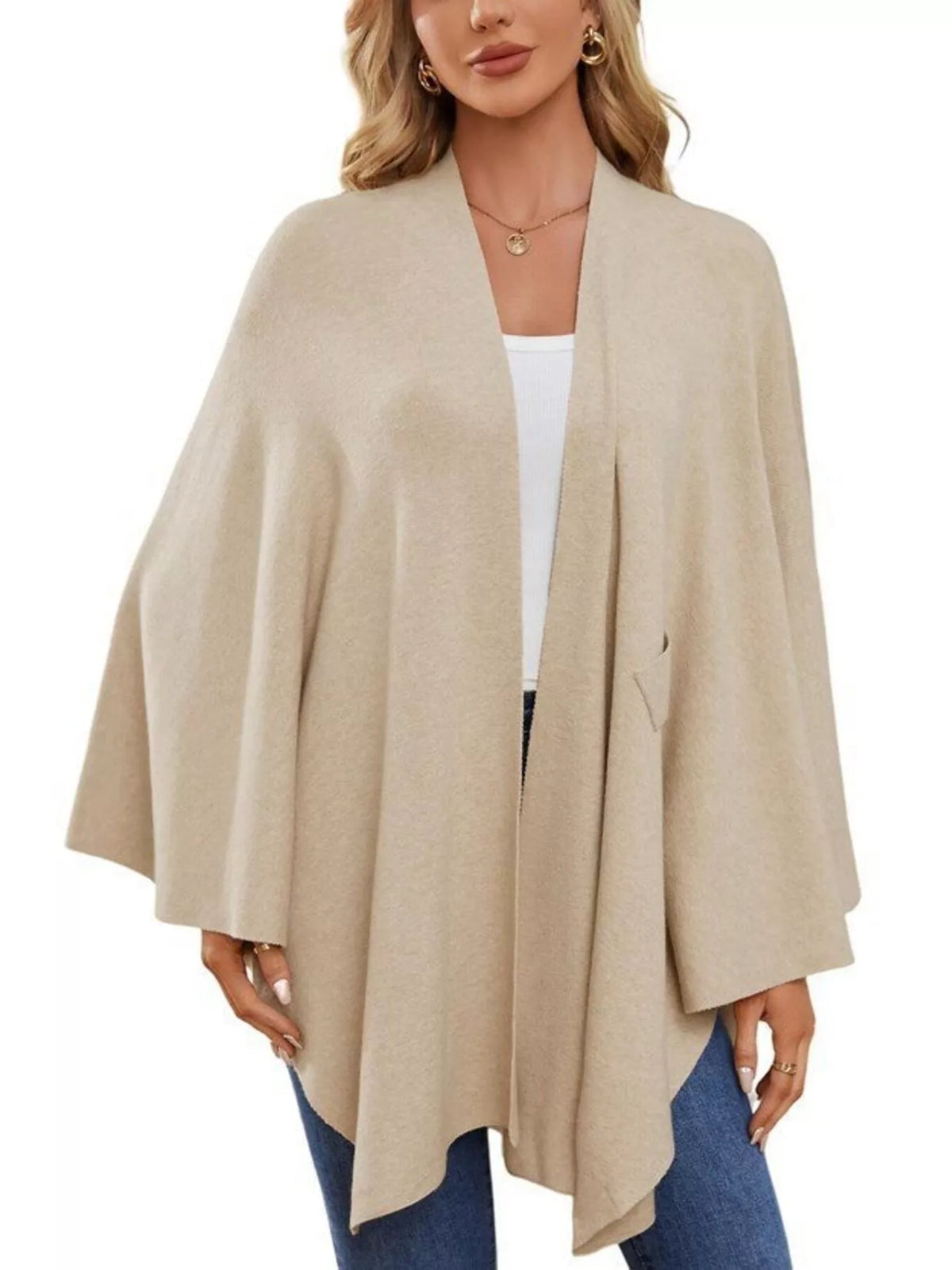 Solid Color Tie-Front Knit Cape Top, view 3