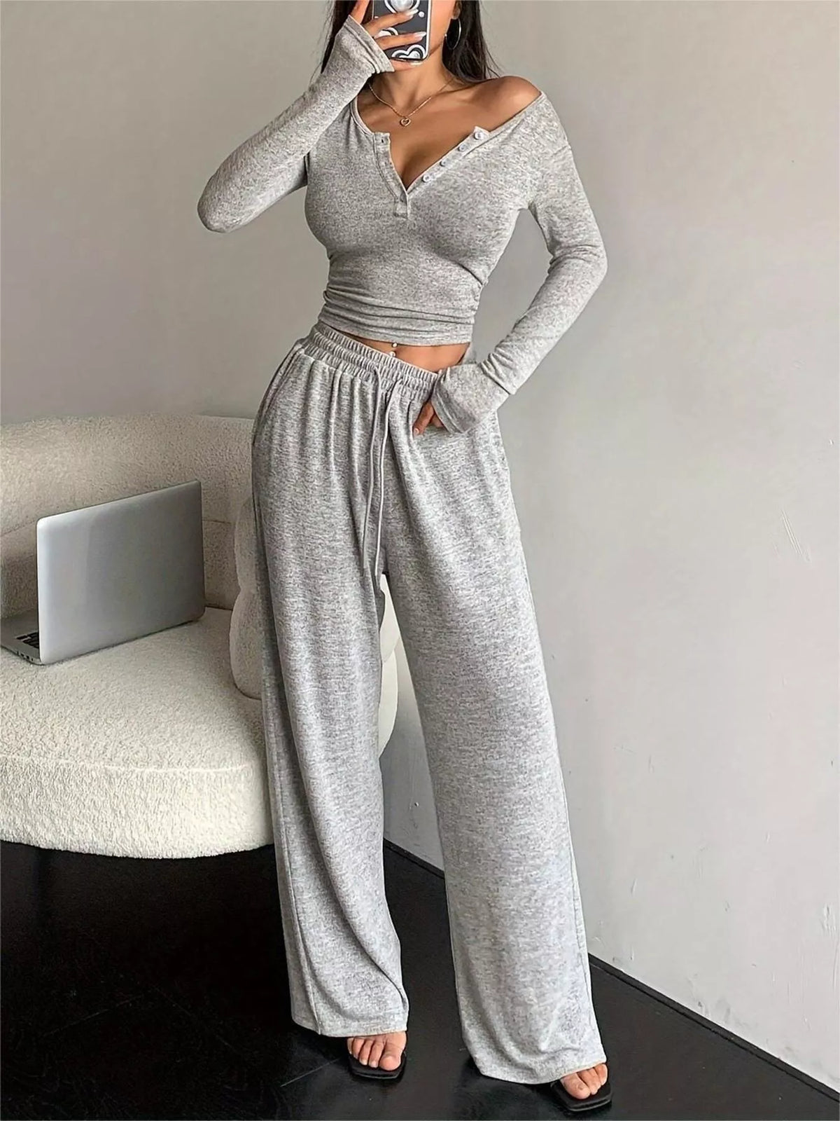 Button Detail Long Sleeve Top and Wide-Leg Pants Set