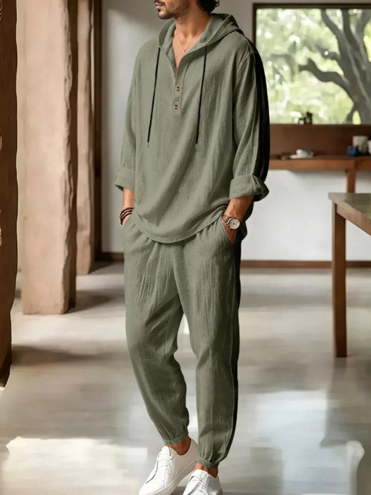 Men's Full Size Casual Button Detail Hooded Top and Pants Set Plus Size - Lilixa.store