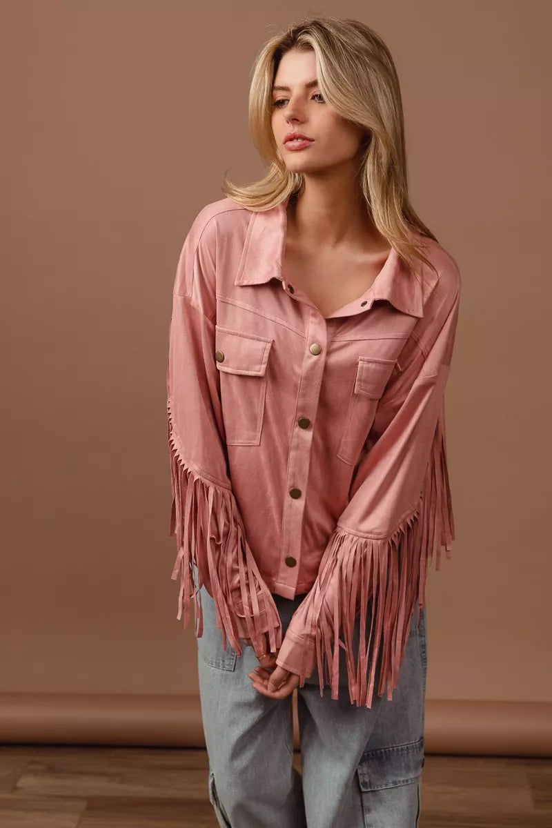 BiBi Suede Fringe Long Sleeve Jacket in Blush, view 2