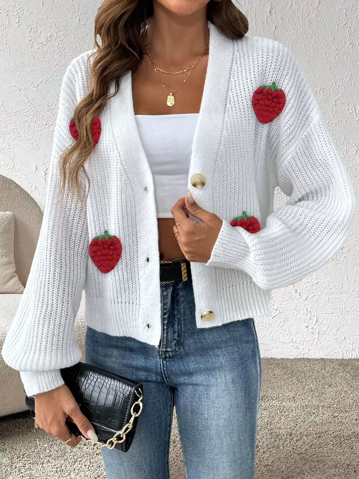Strawberry Applique Button Up Cardigan - Lilixa.store