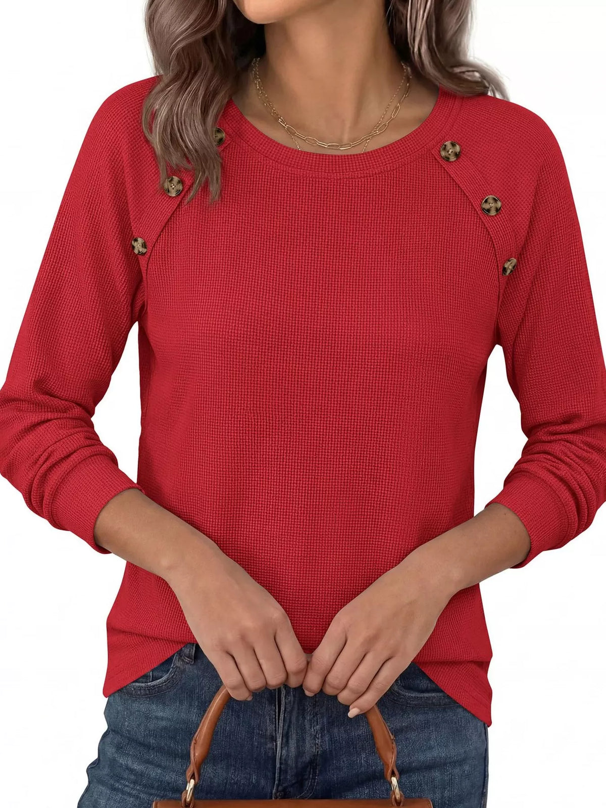 Decorative Button Waffle Knit Long Sleeve T-Shirt
