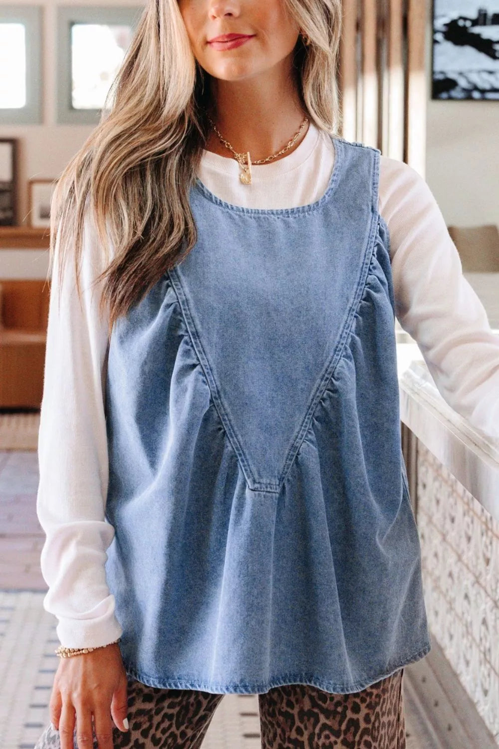 Denim Pleated Patchwork Sleeveless Top - Lilixa.store