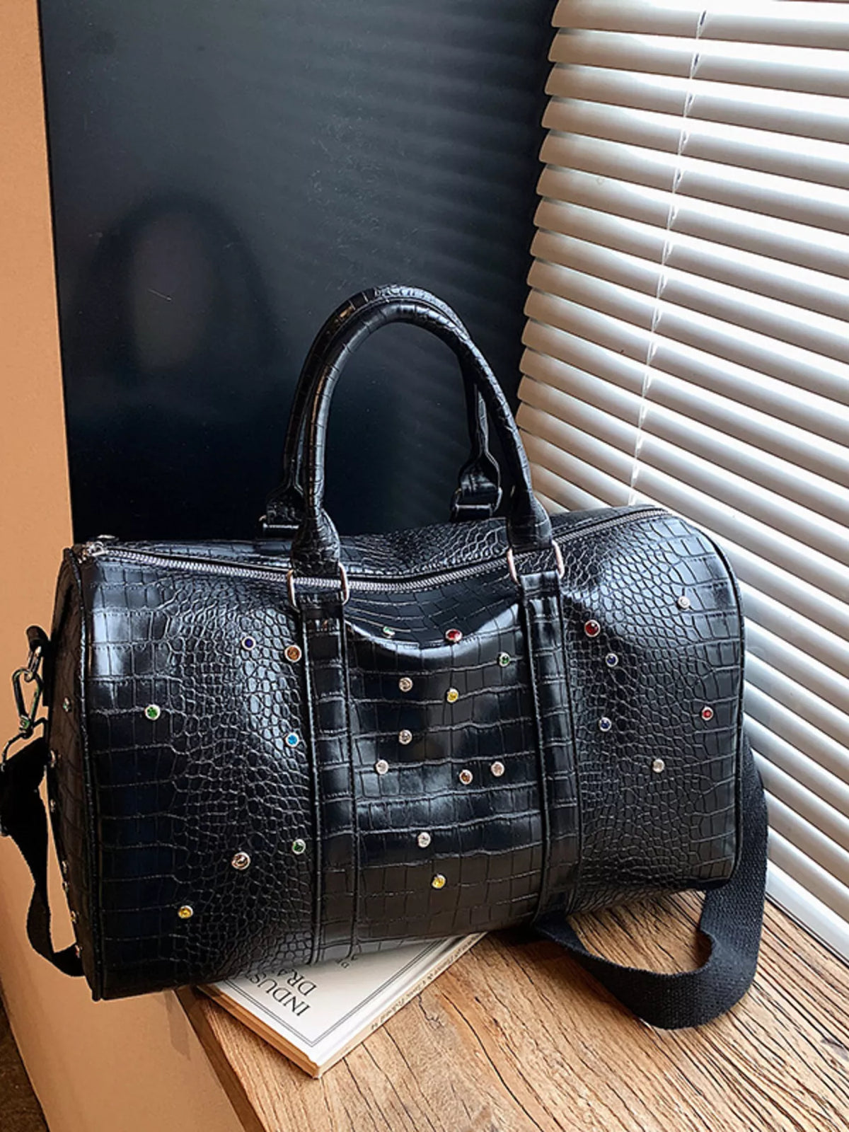 Crocodile Embossed Studded Travel Bag, view 4