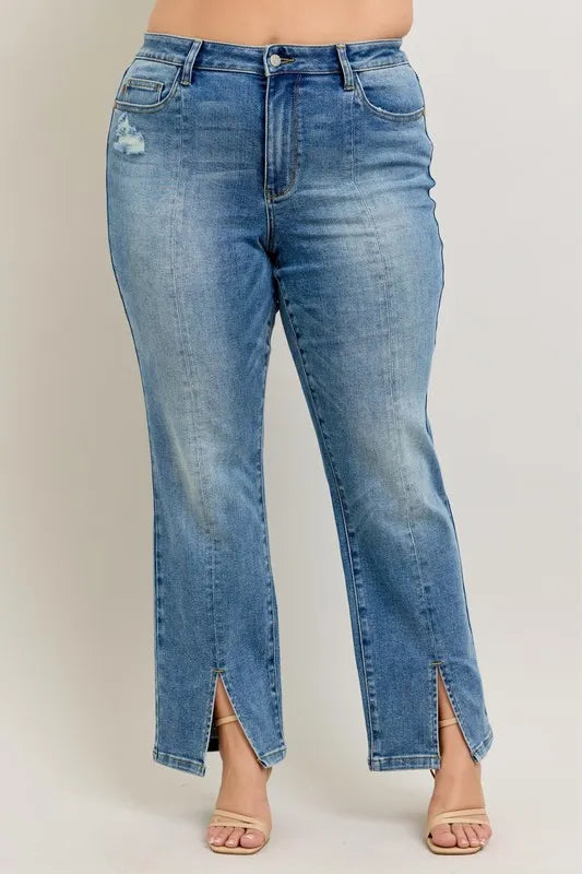 Judy Blue Full Size High Waist Vintage Wash Front Seam & Slit Straight Plus Size - Lilixa.store