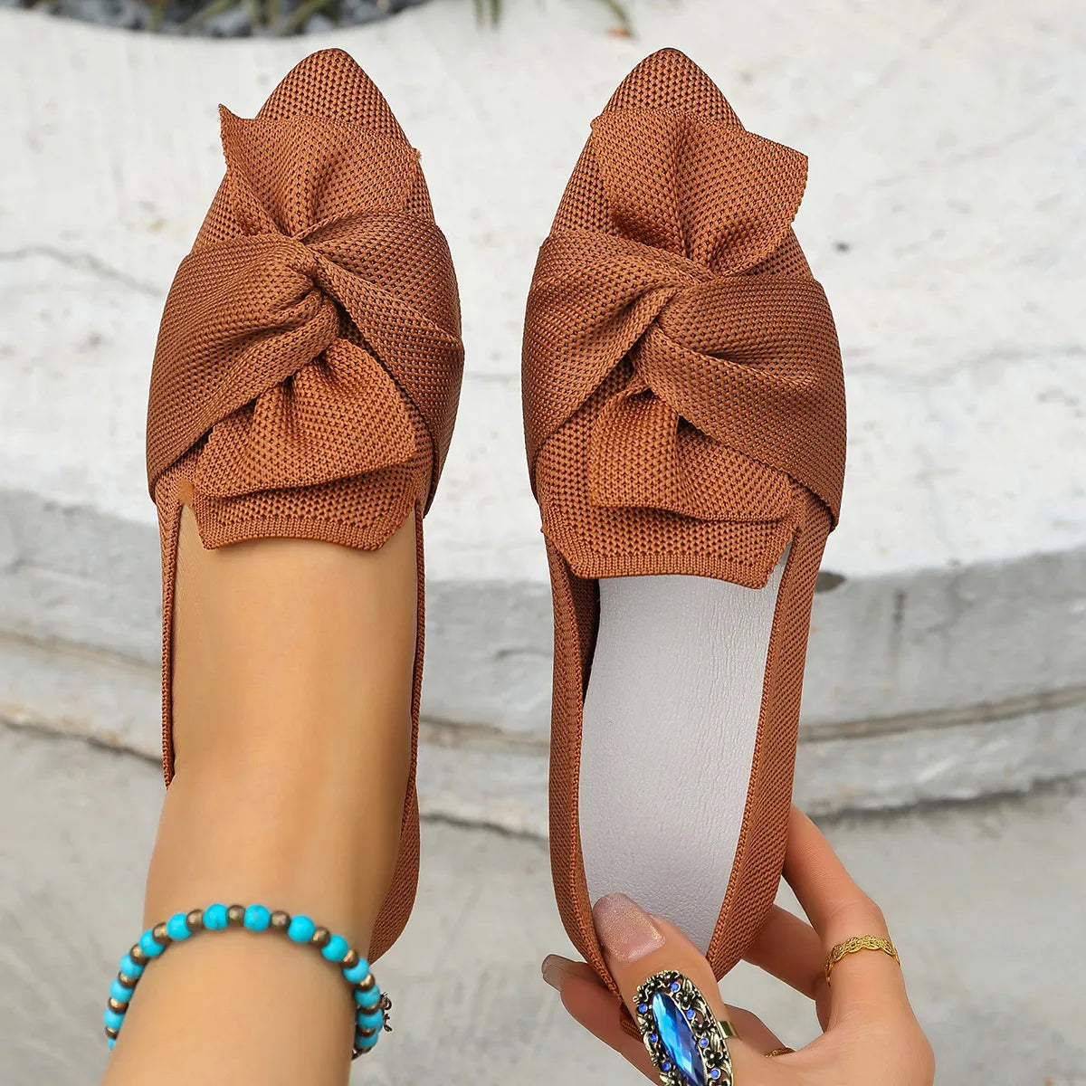 Bow Point Toe Flats Slip-Ons in Brown