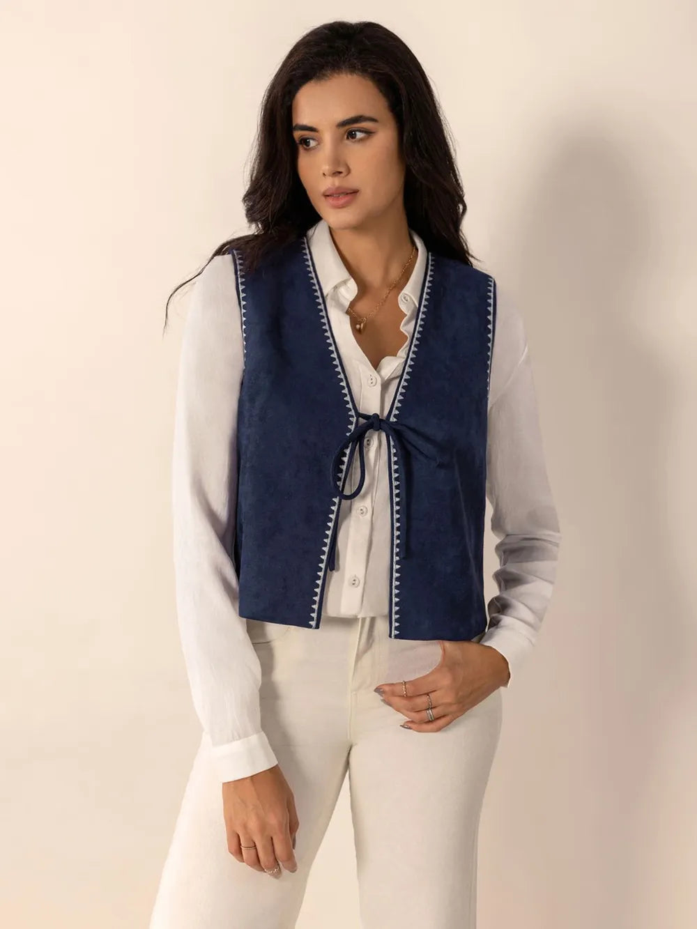 Tied Contrast Trim Vest - Lilixa.store