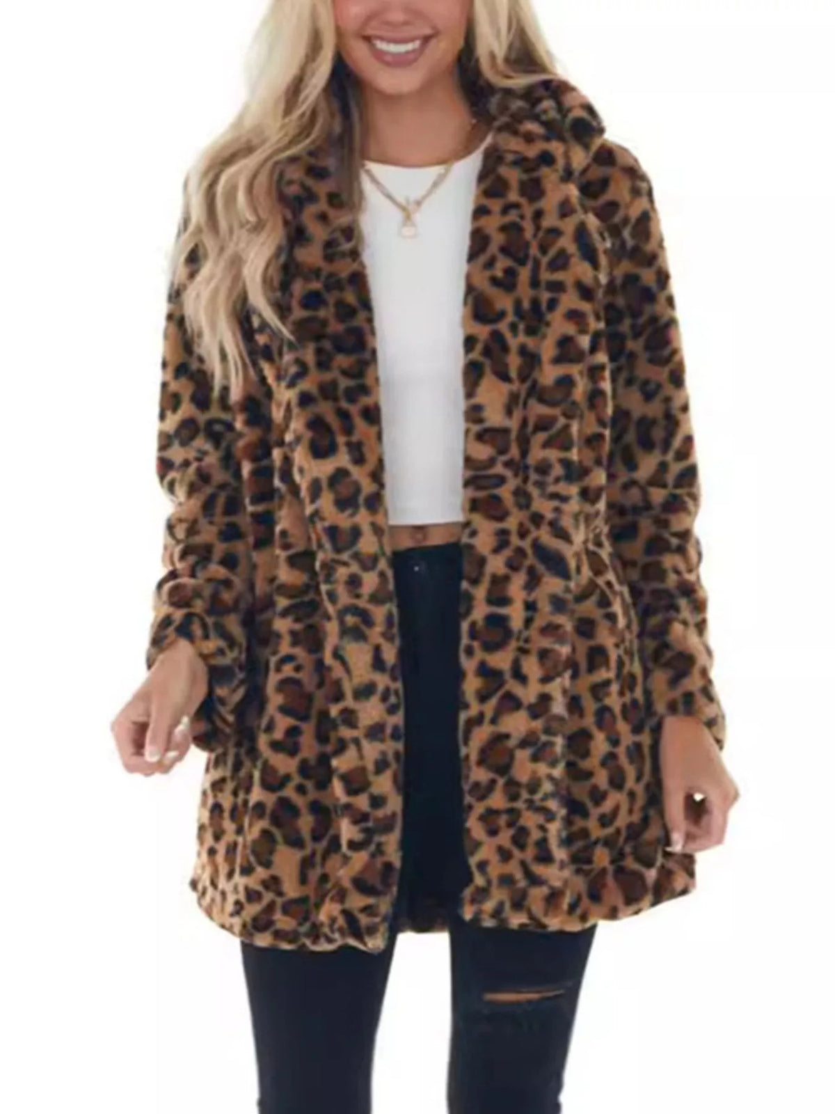 Full Size Leopard Faux Fur Open Front Outerwear Plus Size in Brown