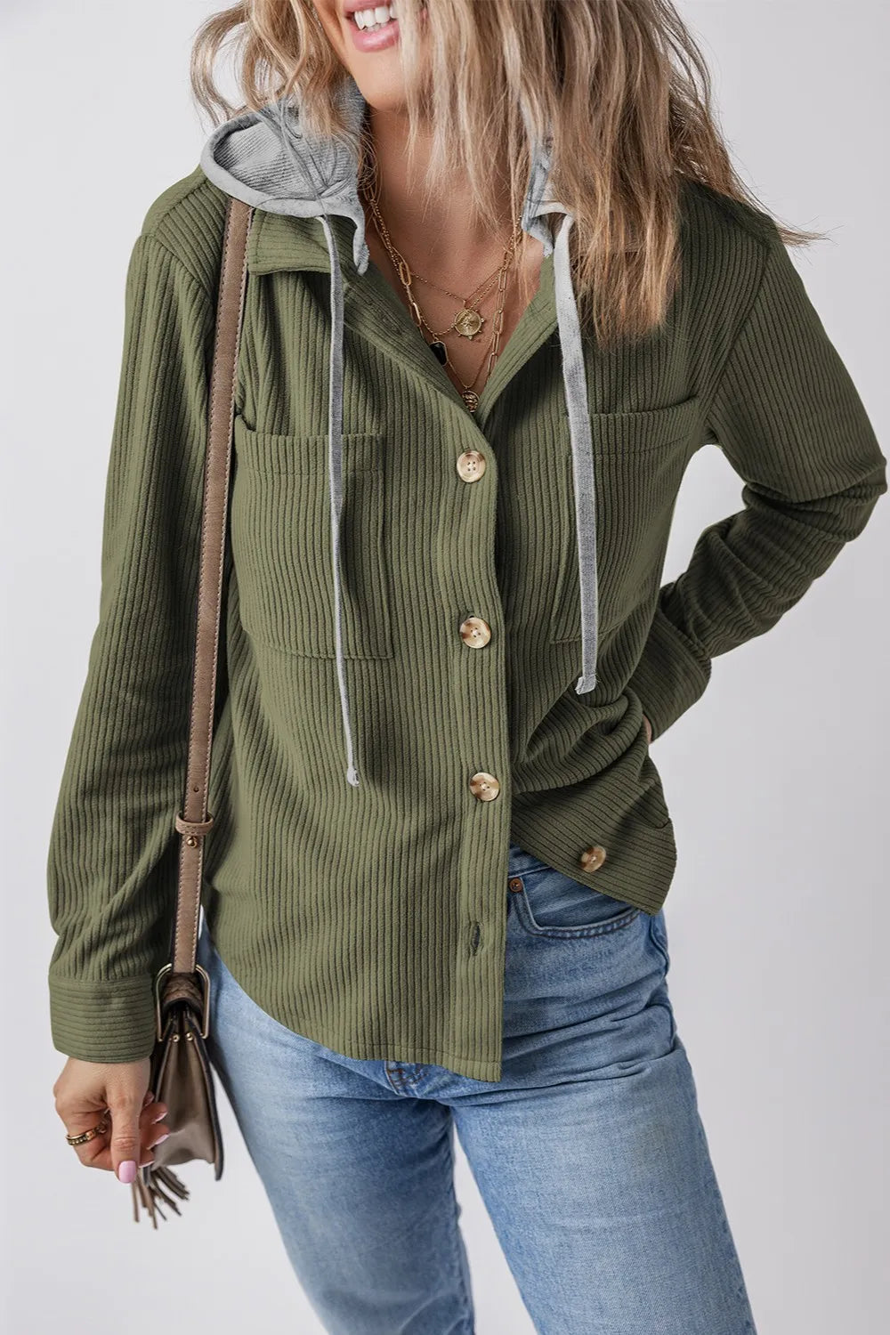 Drawstring Button Up Long Sleeve Hooded Jacket, view 5