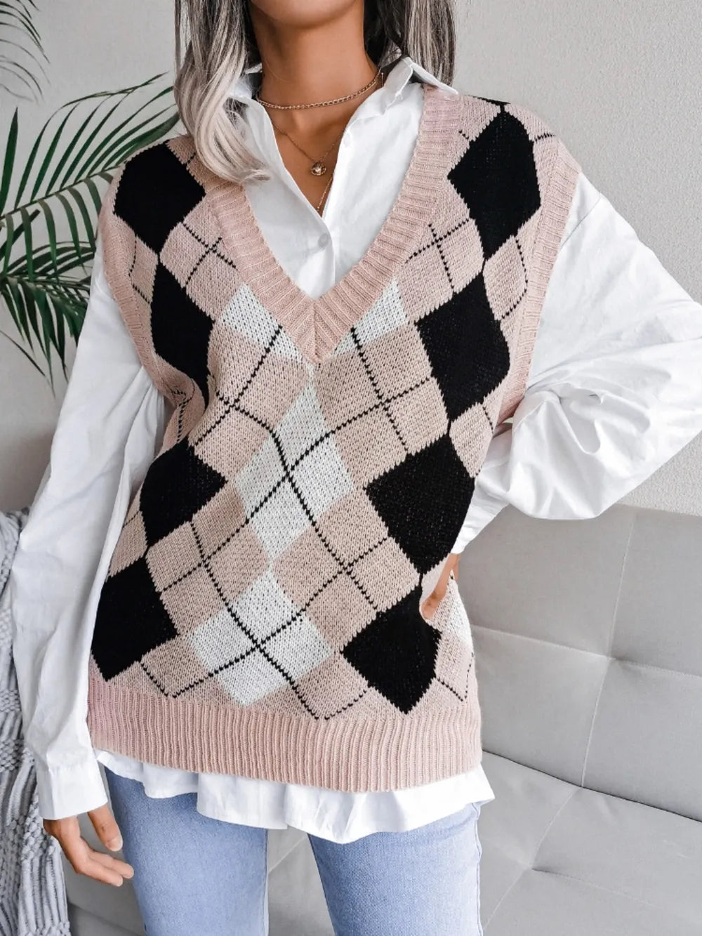 Plaid V-Neck Sweater Vest - Lilixa.store