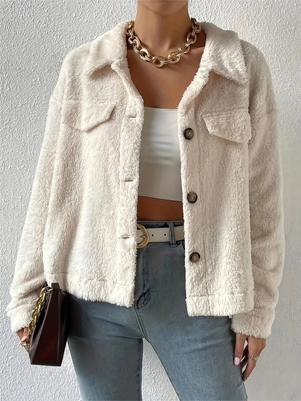 Collared Neck Button Up Jacket with Decorative Pocket Flaps in Beige