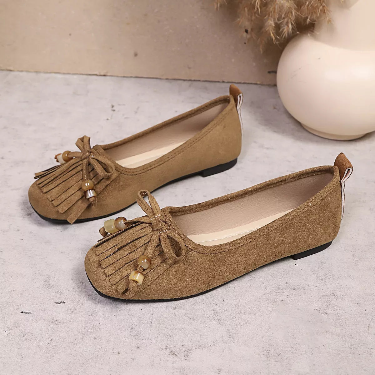 Suede Fringe Slip-Ons, view 5