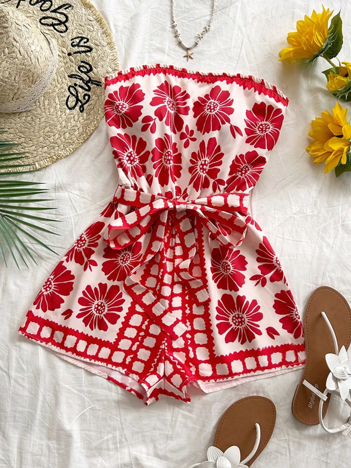 Printed Tube Tie Waist Romper - Lilixa.store