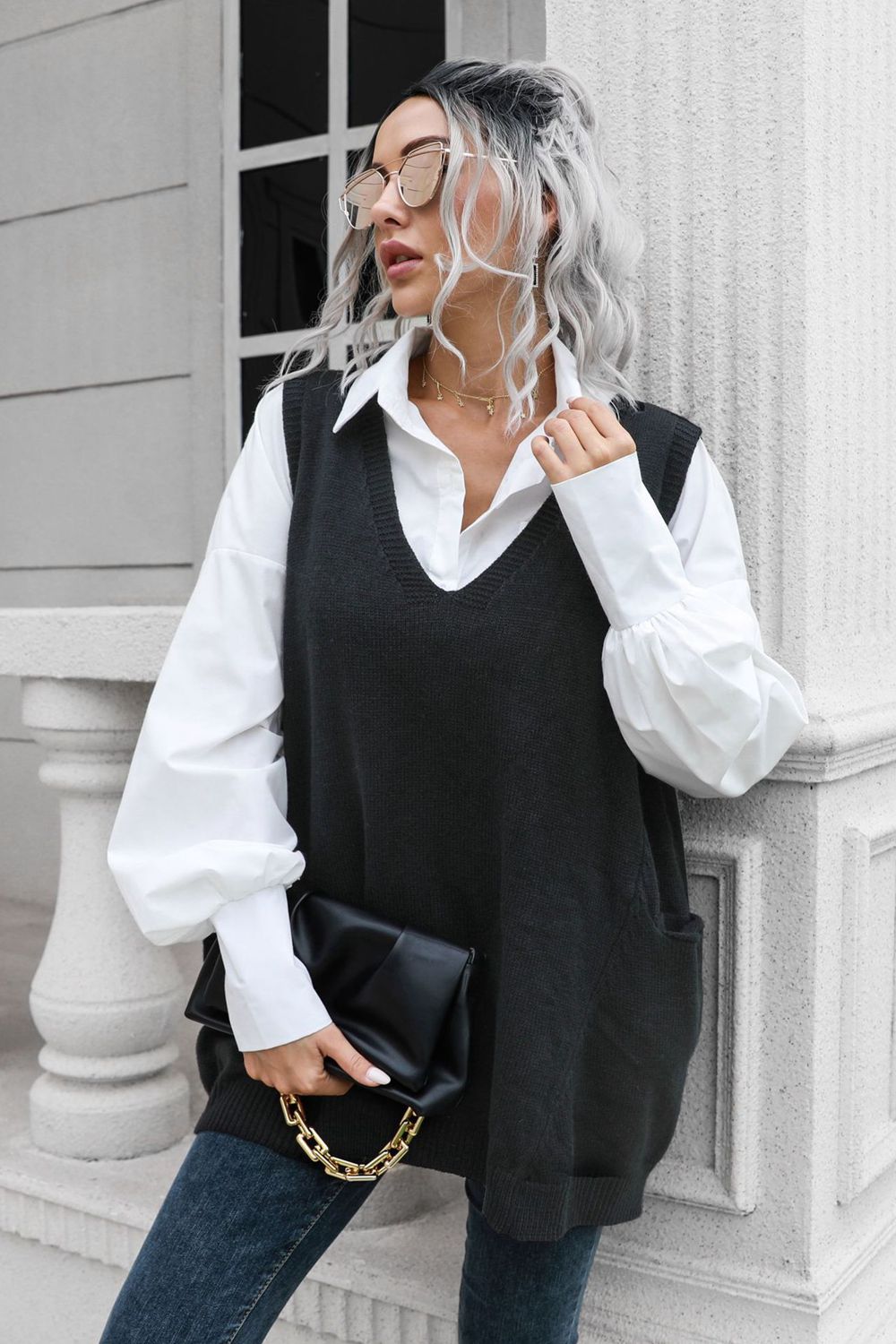 V-Neck Sleeveless Sweater Vest with Pocket in Black