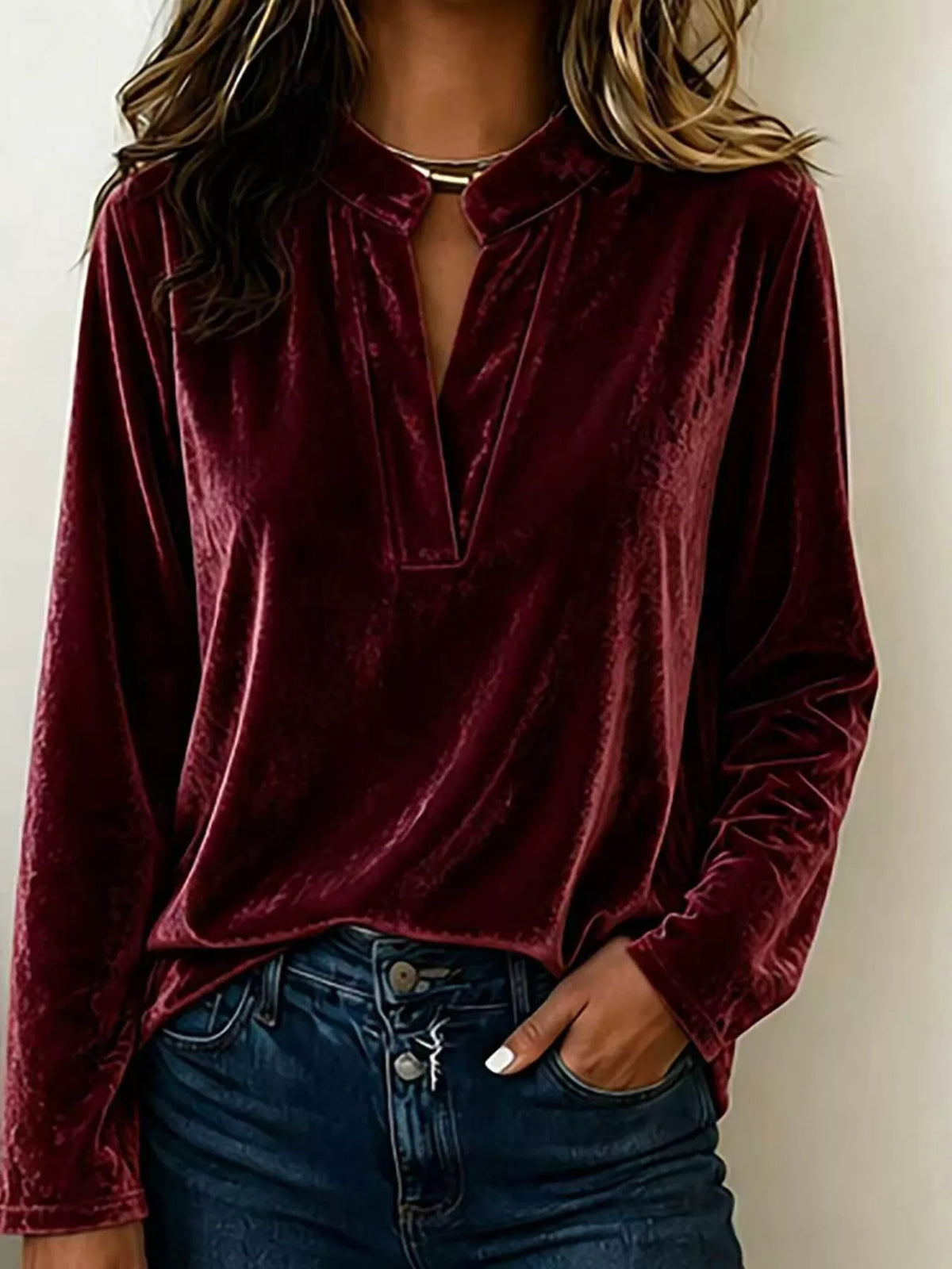 Full Size Velvet Notched Long Sleeve Top Plus Size in Burgundy