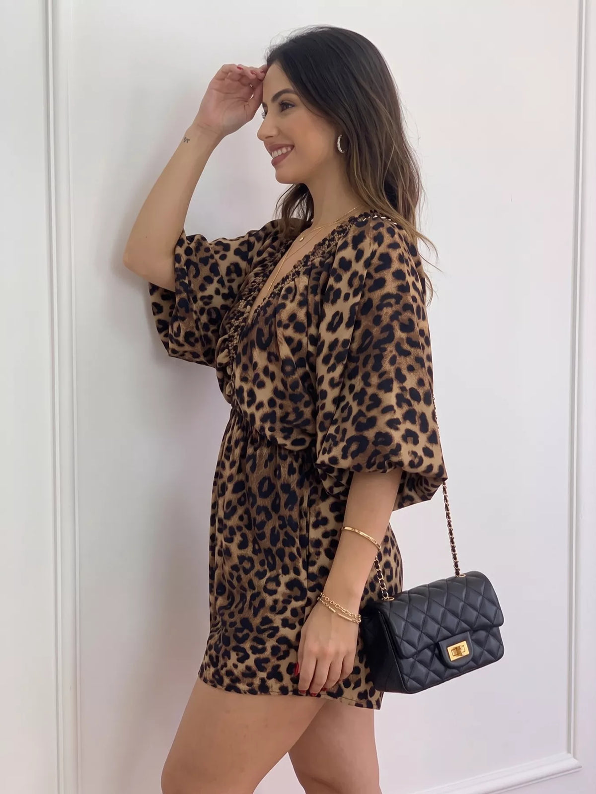 V-Neck Leopard Print Puff Sleeve Romper - Lilixa.store