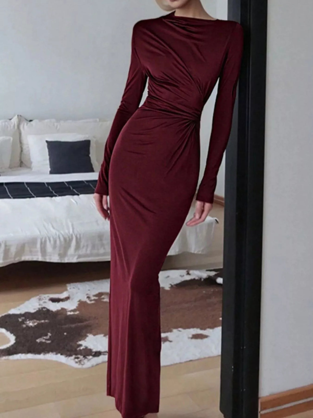 Ruched Long Sleeve Bodycon Maxi Dress - Lilixa.store