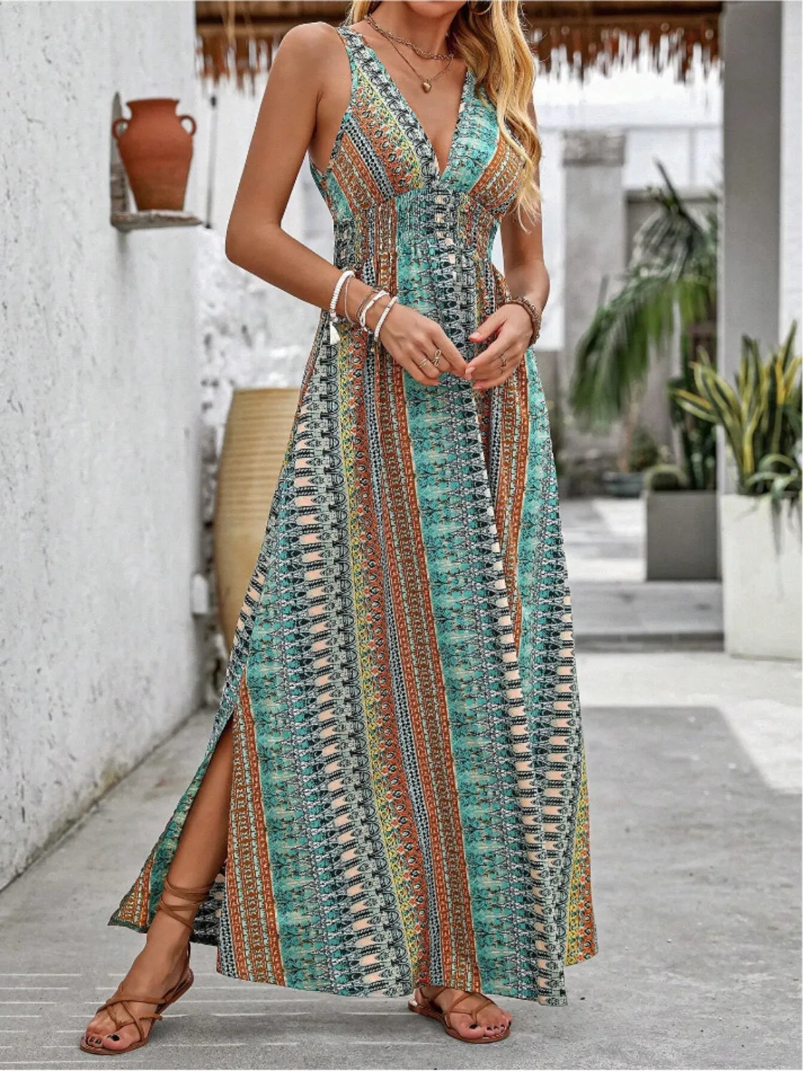 Tied Back Printed Sleeveless Maxi Slit Dress, view 6