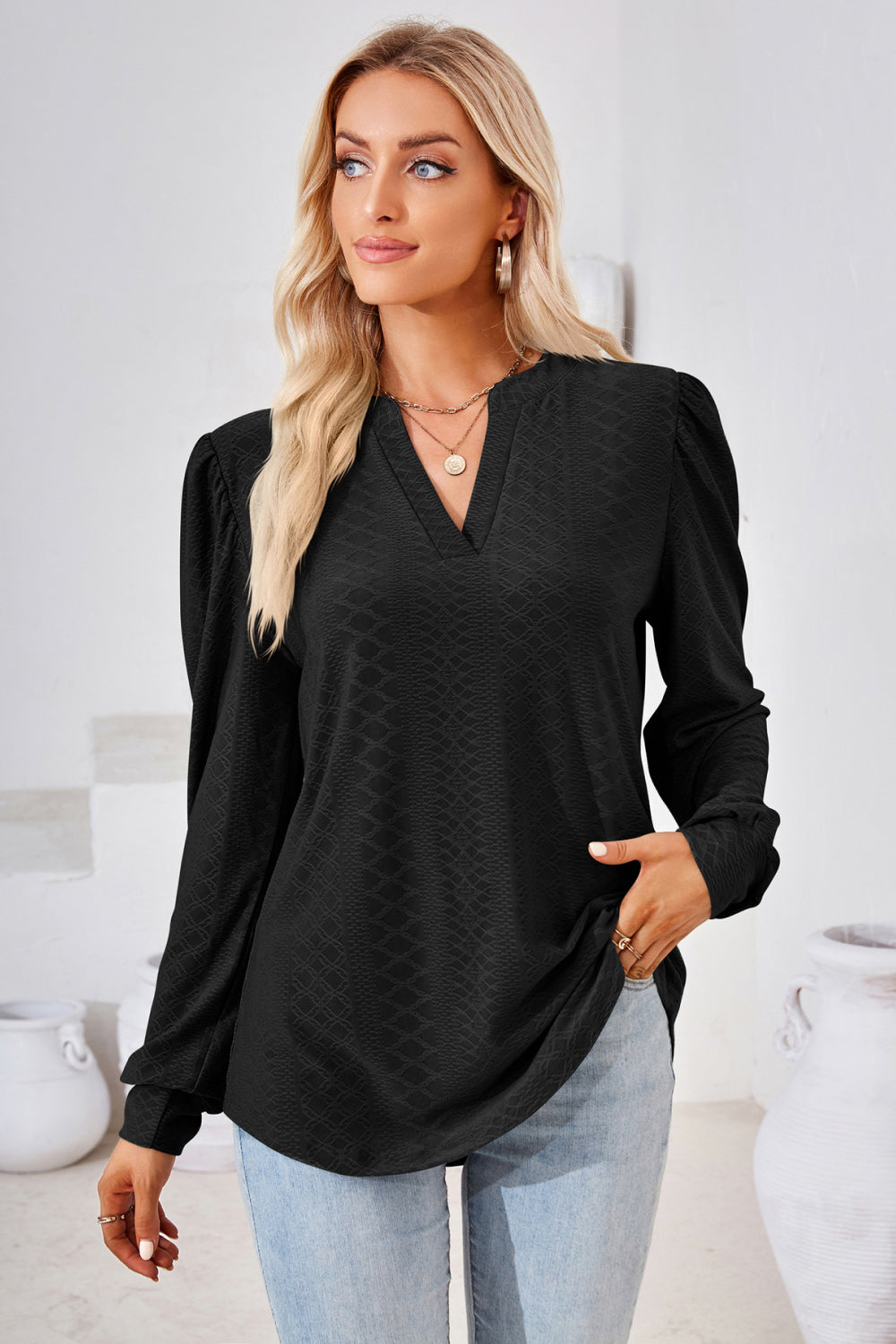 V-Neck Puff Sleeve Blouse, view 8