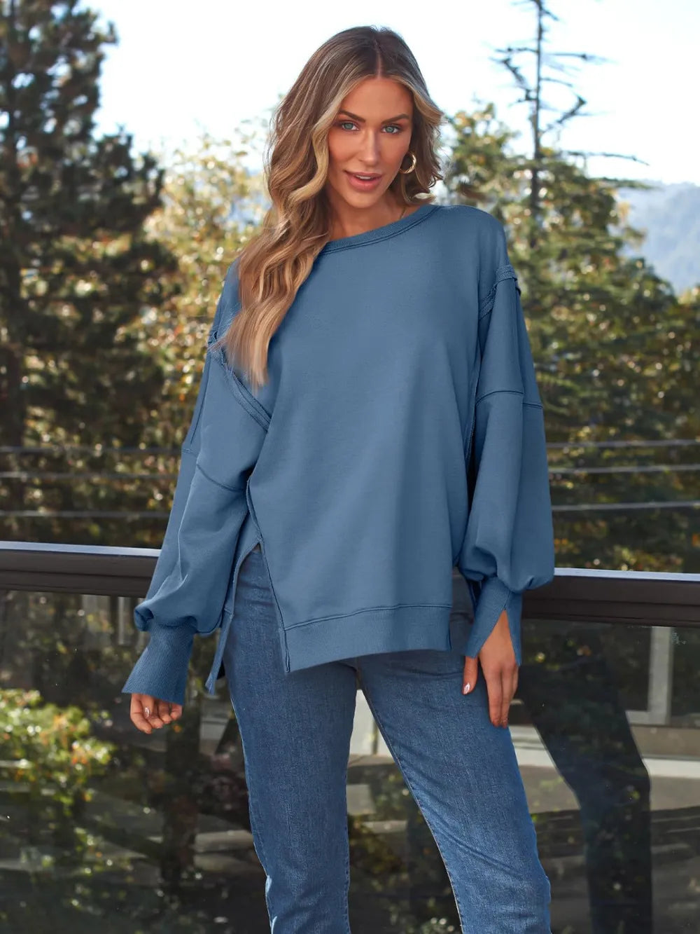 Slit Round Neck Long Sleeve Sweatshirt - Lilixa.store