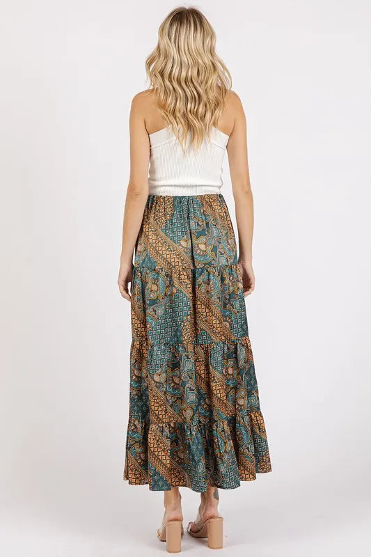 Mittoshop Paisley Patchwork Print Satin Maxi Skirt in Teal Green, view 5