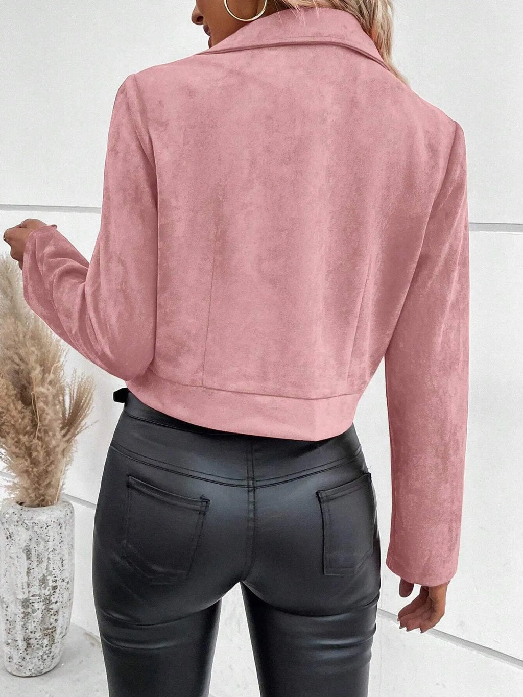 Zip Up Suede Cropped Moto Jacket, view 13