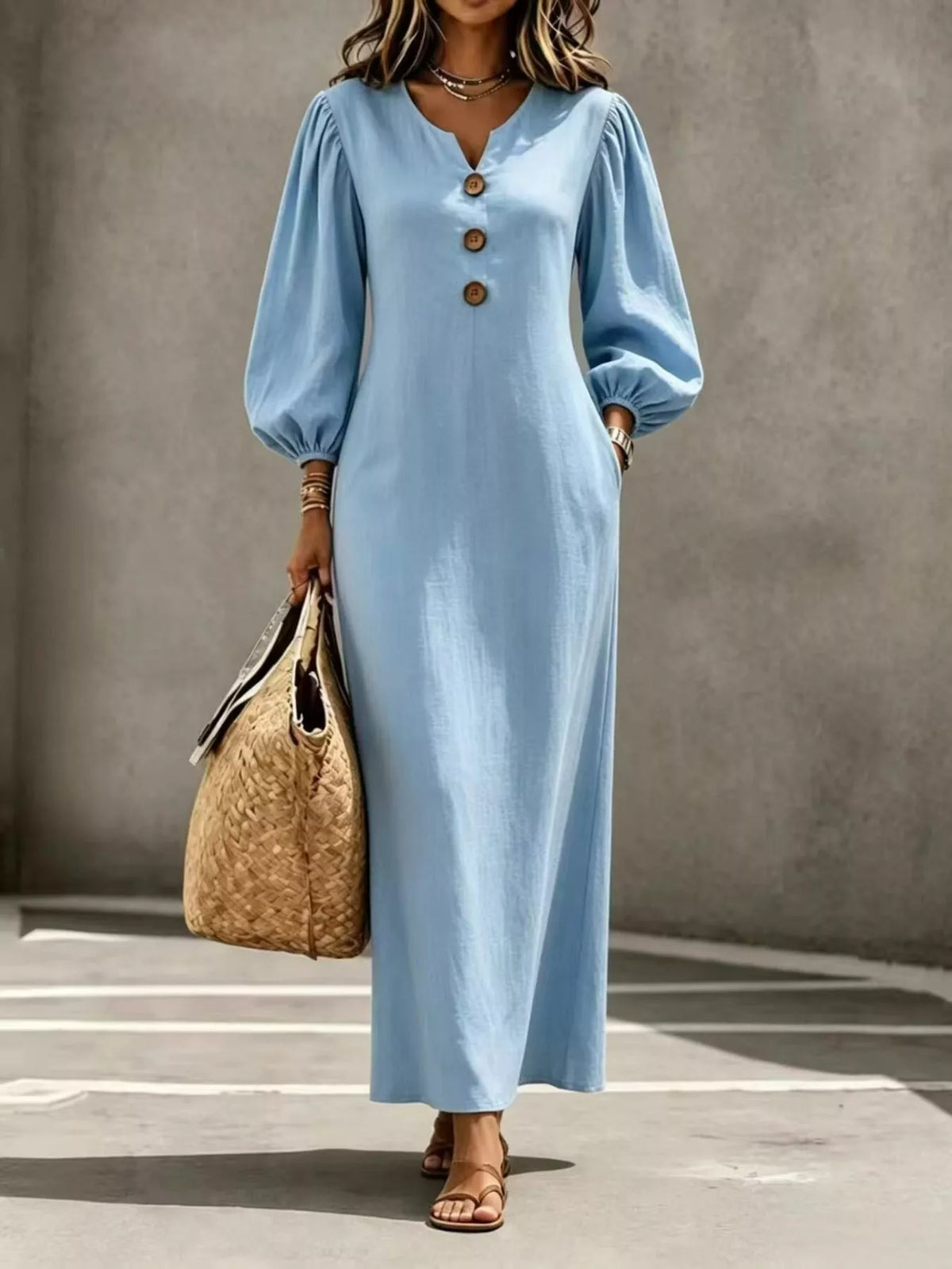 Decorative Button Balloon Sleeve Maxi Dress - Lilixa.store