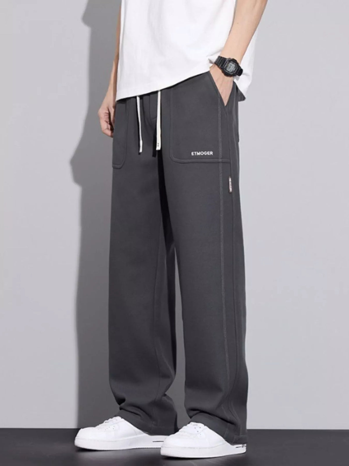 Men's Plus Size Casual Drawstring Wide-Leg Pants in Gray