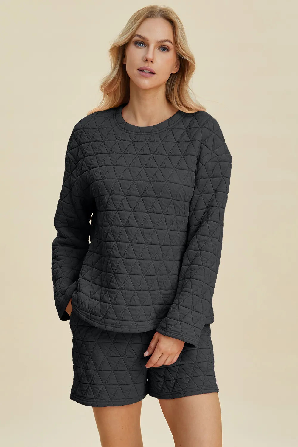 Double Take Full Size Texture Round Neck Long Sleeve Top and Shorts Set - Lilixa.store
