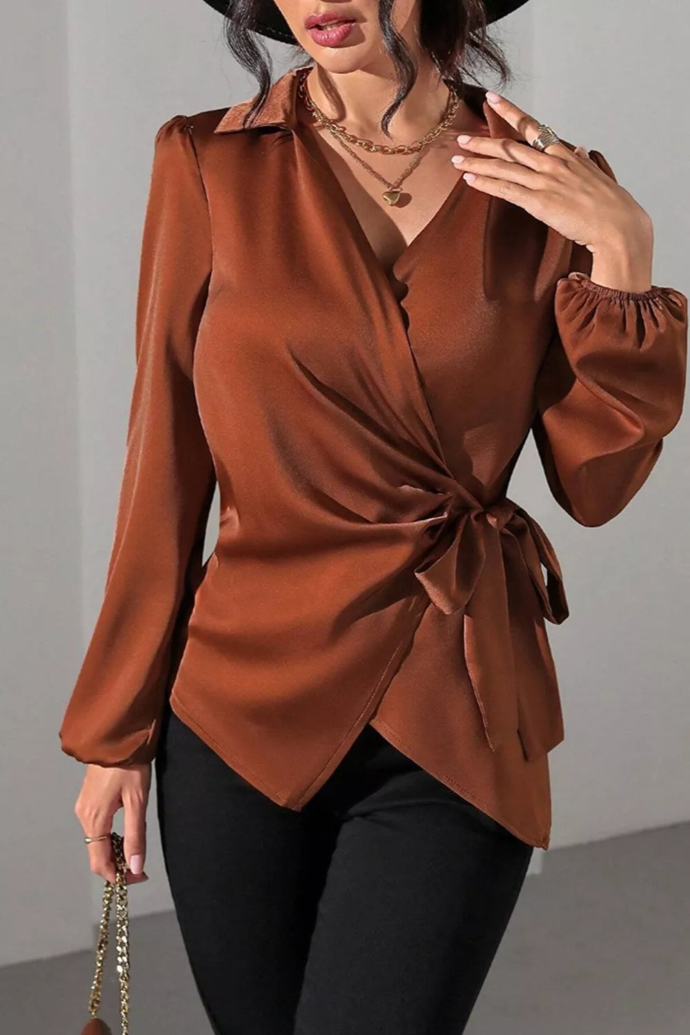 Satin Tied Detail Long Sleeve Blouse in Brown