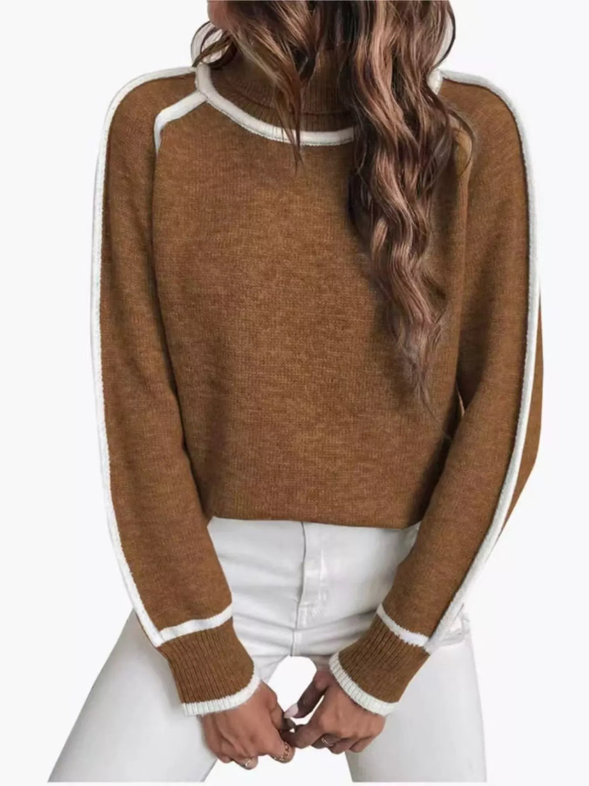 Full Size Contrast Trim Ribbed Hem Turtleneck Sweater Plus Size