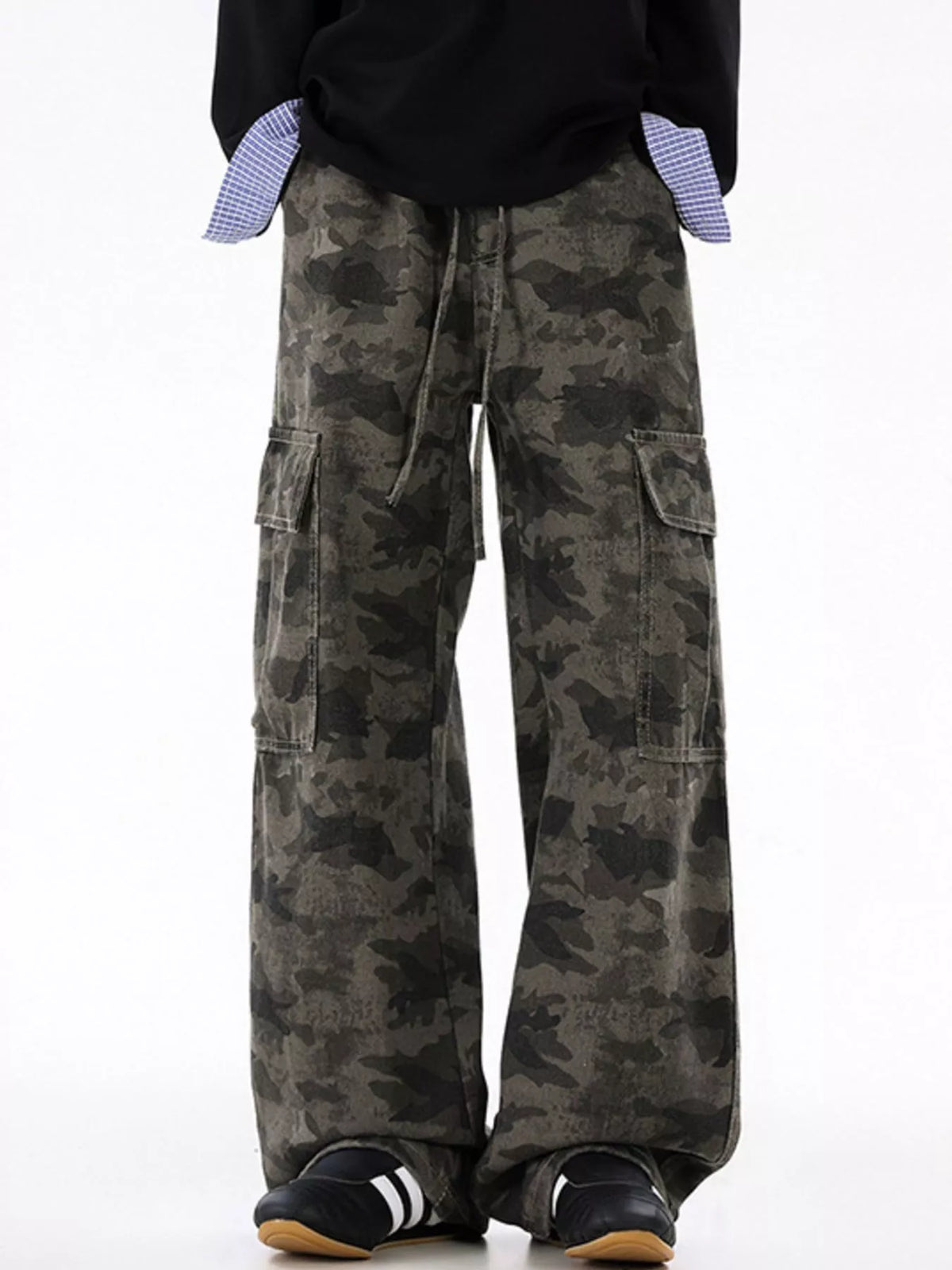 Men's Plus Size Drawstring Camouflage Wide Leg Pants in Green Camouflage