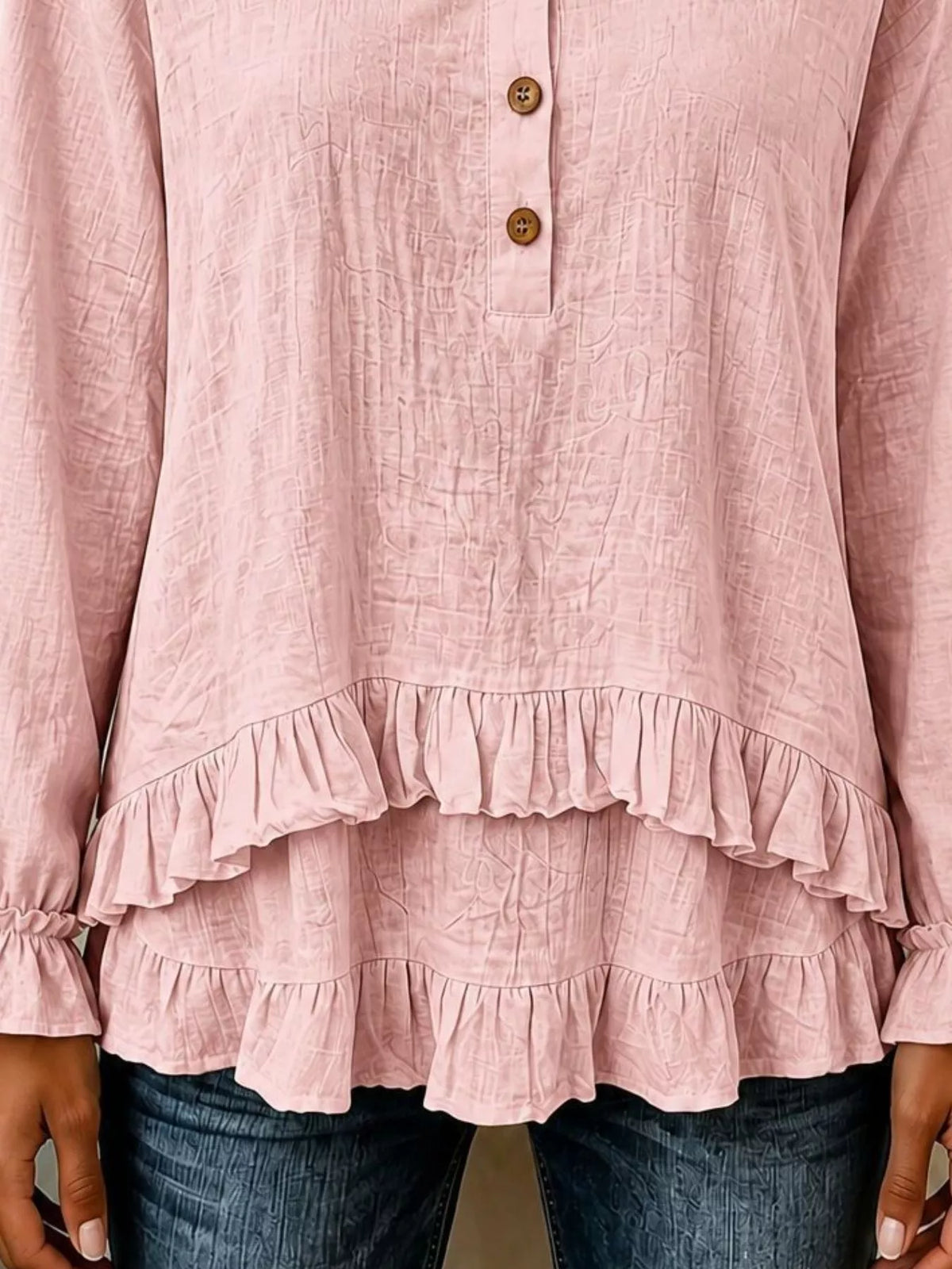 V-Neck Long Sleeve Button Detail Ruffled Hem Blouse - Lilixa.store