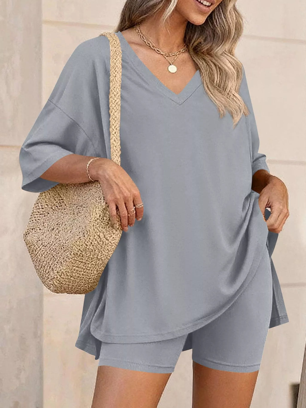 Full Size Casual Loose V-Neck T-Shirt & Shorts Set Plus Size - Lilixa.store